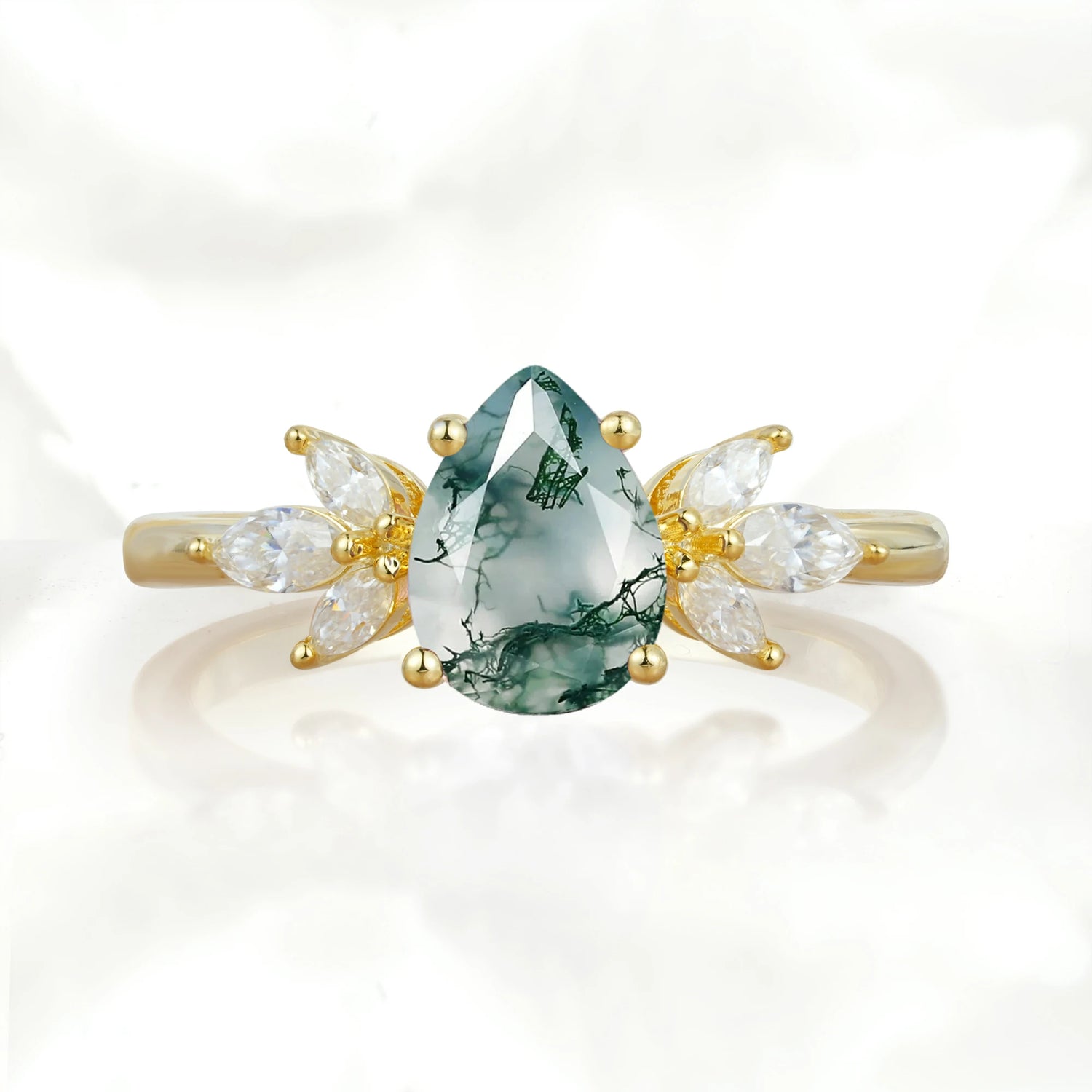 Elegant Pear-Shaped Moss Agate Engagement Ring with Floral Side Stones