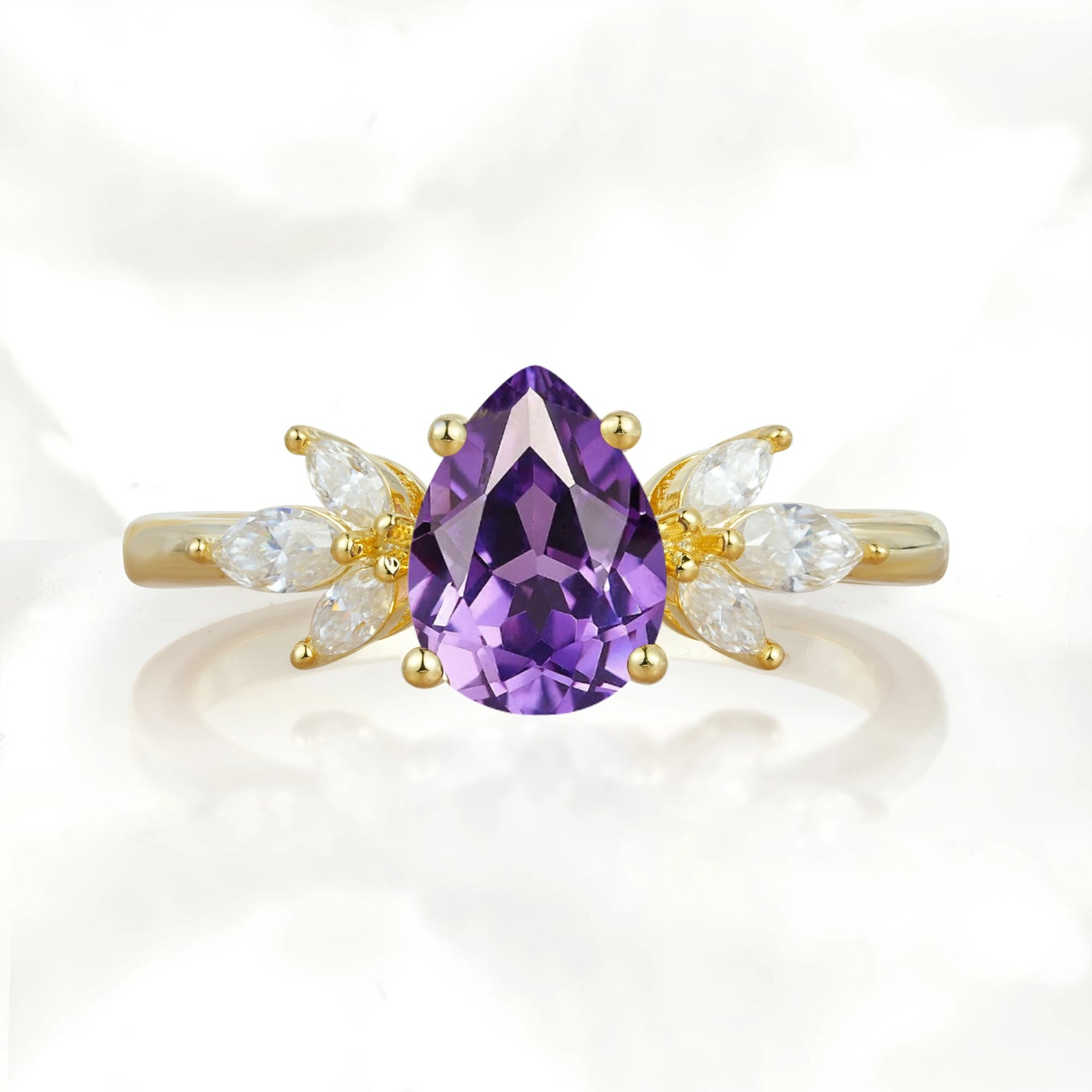 Elegant Pear-Shaped Amethyst Engagement Ring with Floral Side Stones