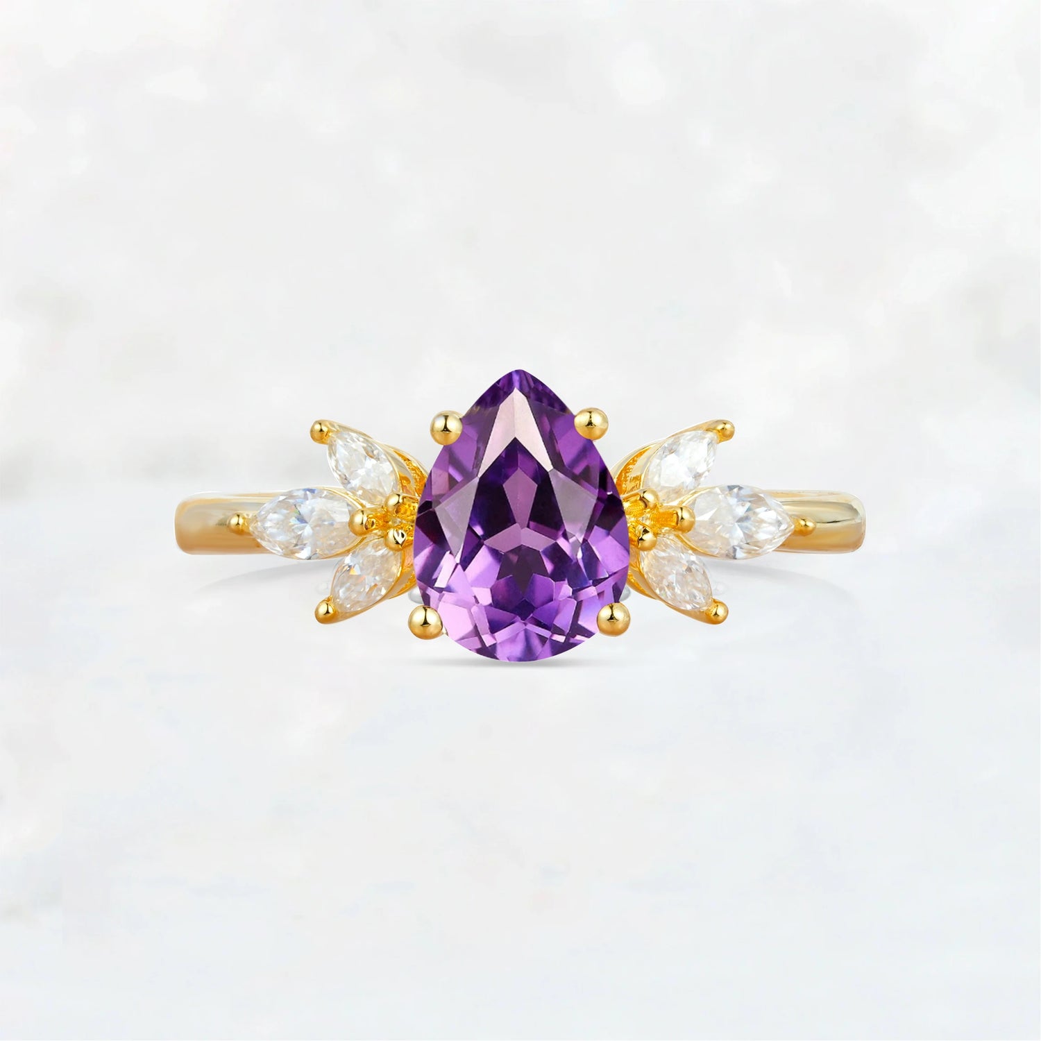 Elegant Pear-Shaped Amethyst Engagement Ring with Floral Side Stones