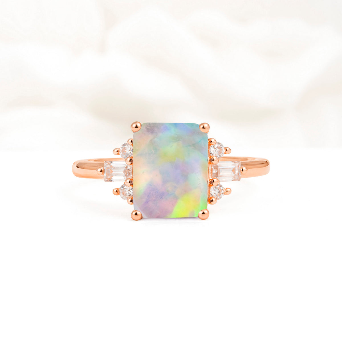 Classic Emerald Cut Baguette Side Cluster Fire Opal Engagement Ring - Additional view