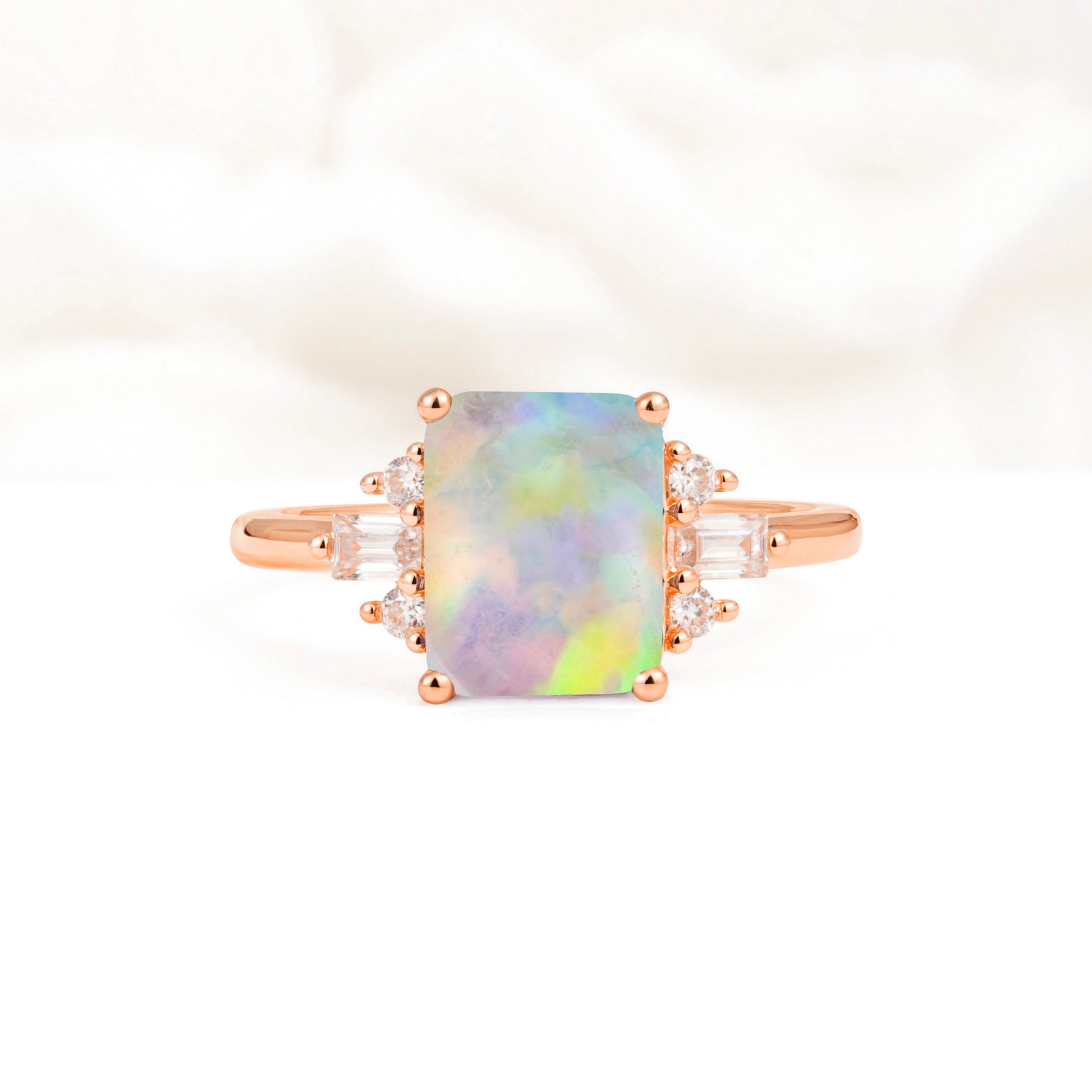 Classic Emerald Cut Baguette Side Cluster Fire Opal Engagement Ring - Additional view