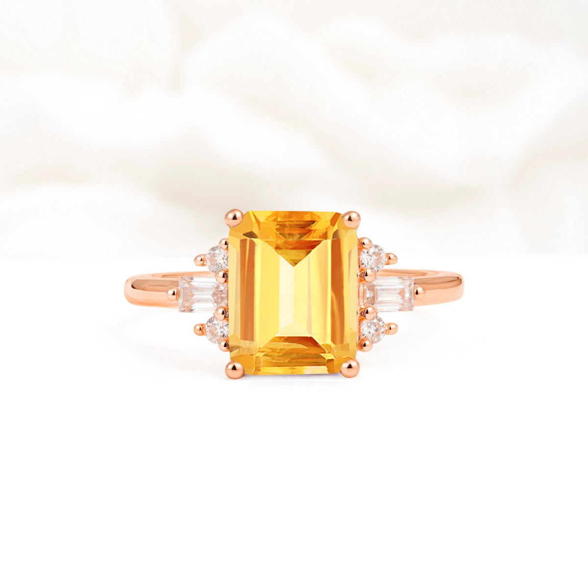 Classic Emerald Cut Baguette Side Cluster Citrine Engagement Ring - Additional view