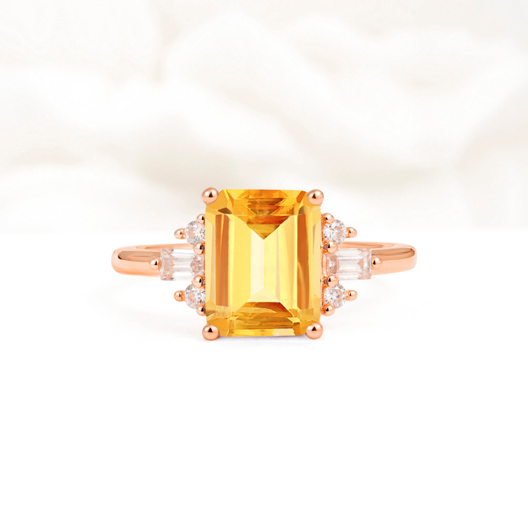 Classic Emerald Cut Baguette Side Cluster Citrine Engagement Ring - Additional view