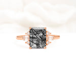 Classic Emerald Cut Baguette Side Cluster Black Rutilated Quartz Engagement Ring - Additional view