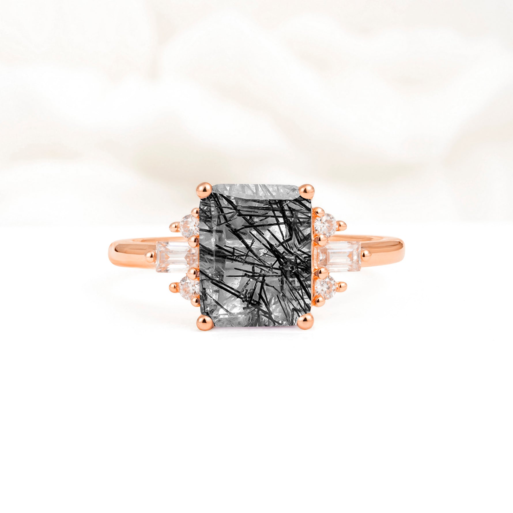 Classic Emerald Cut Baguette Side Cluster Black Rutilated Quartz Engagement Ring - Additional view