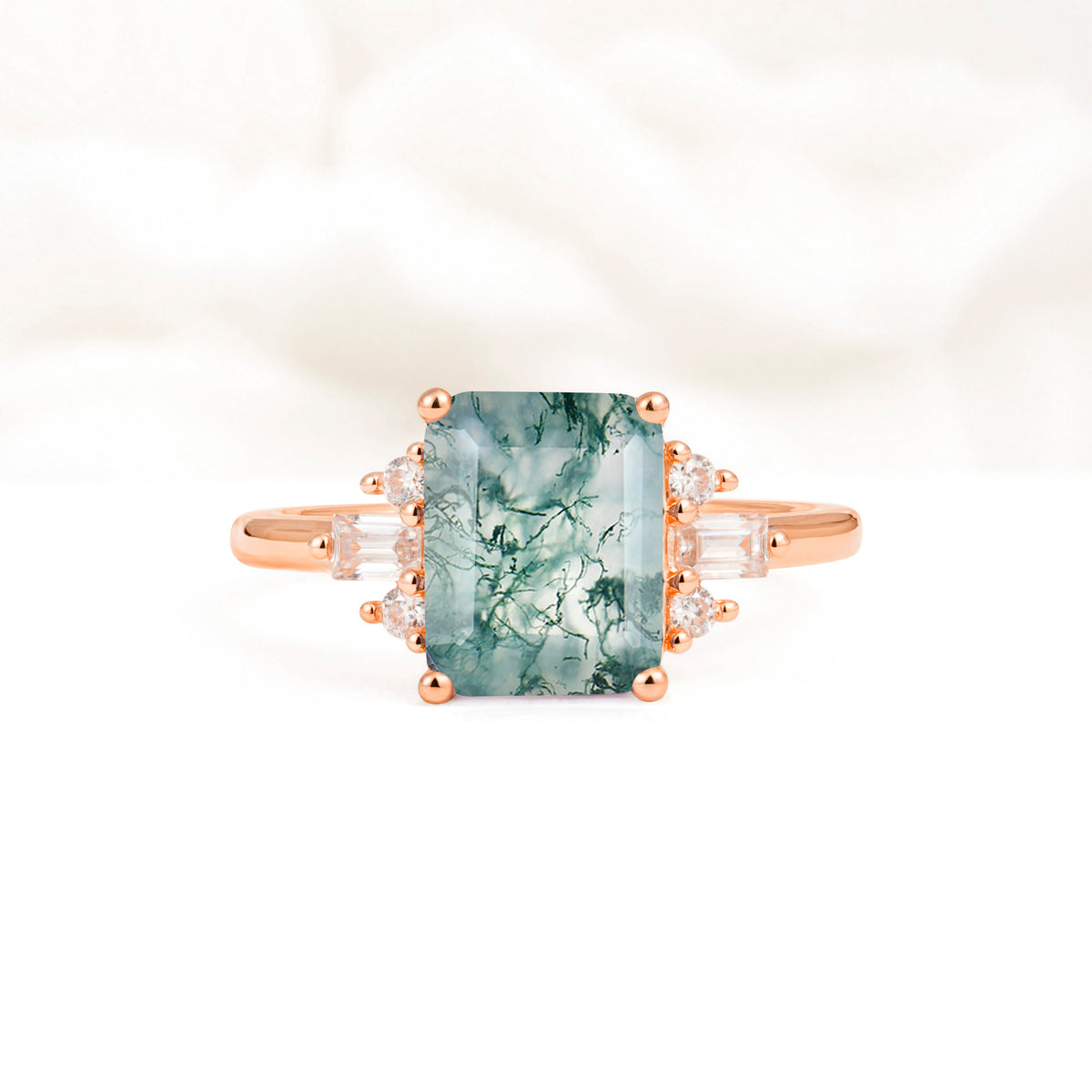 Classic Emerald Cut Baguette Side Cluster Moss Agate Engagement Ring - Additional view