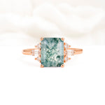 Classic Emerald Cut Baguette Side Cluster Moss Agate Engagement Ring - Additional view
