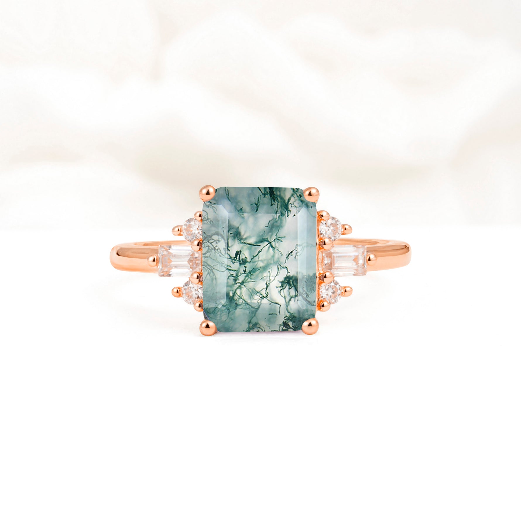 Classic Emerald Cut Baguette Side Cluster Moss Agate Engagement Ring - Additional view