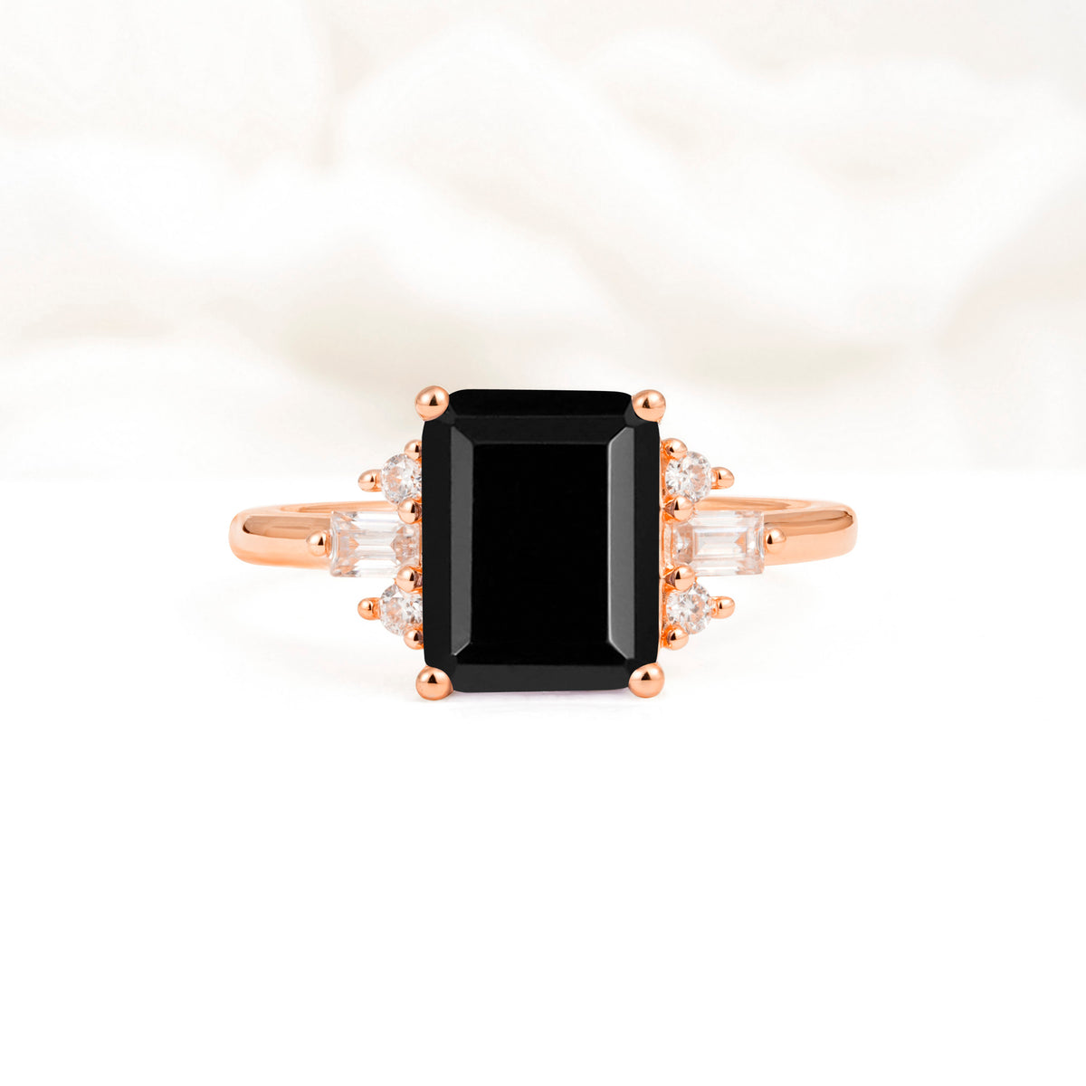 Classic Emerald Cut Baguette Side Cluster Black Onyx Engagement Ring - Additional view