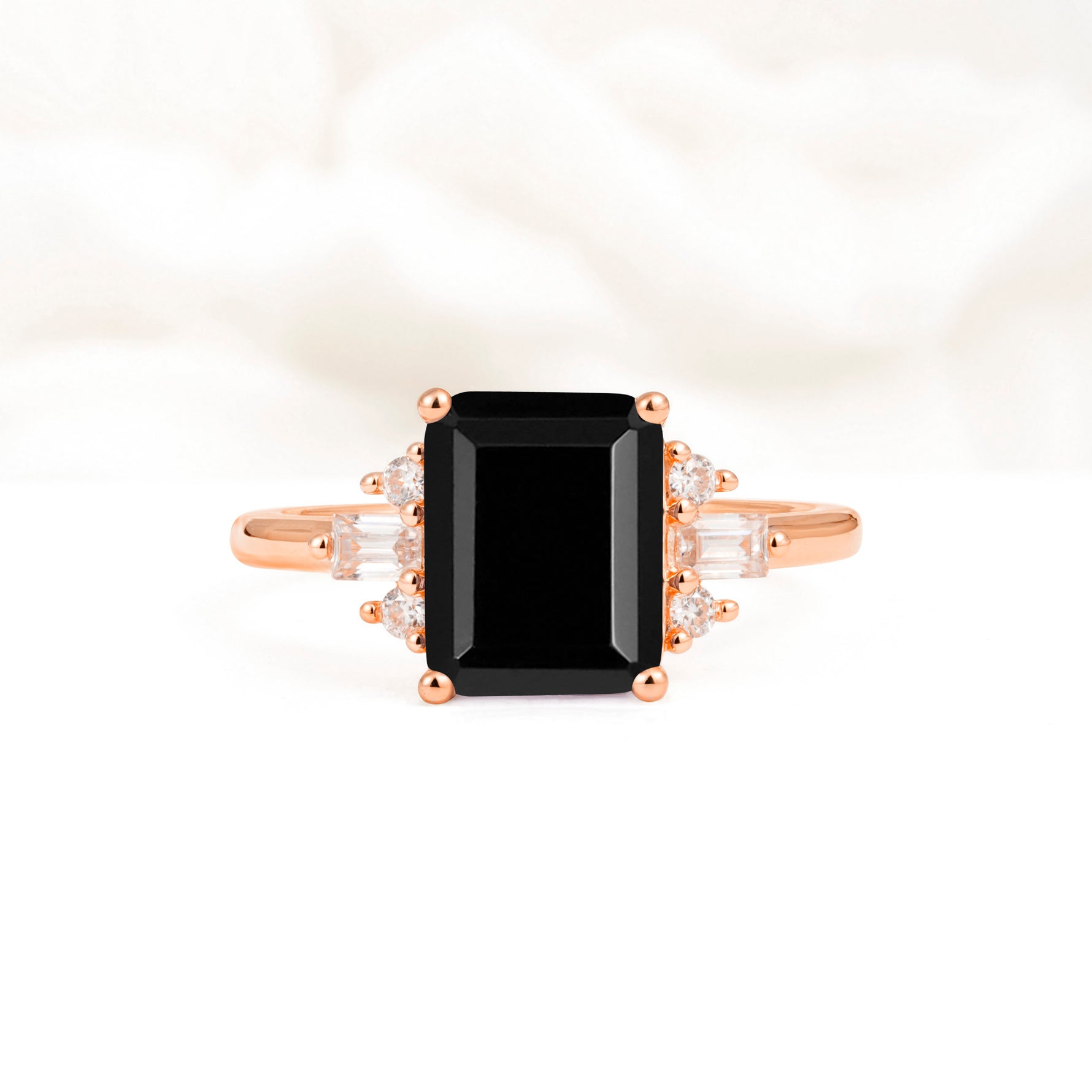 Classic Emerald Cut Baguette Side Cluster Black Onyx Engagement Ring - Additional view