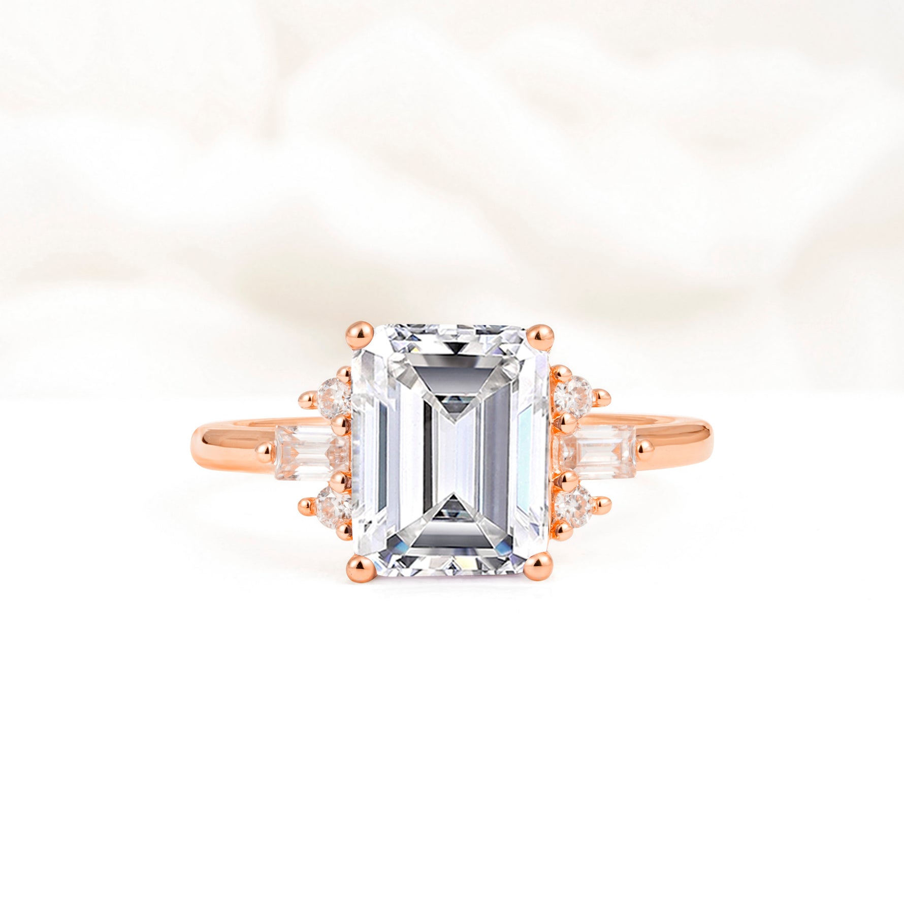 Classic Emerald Cut Baguette Side Cluster Lab Diamond Engagement Ring - Additional view