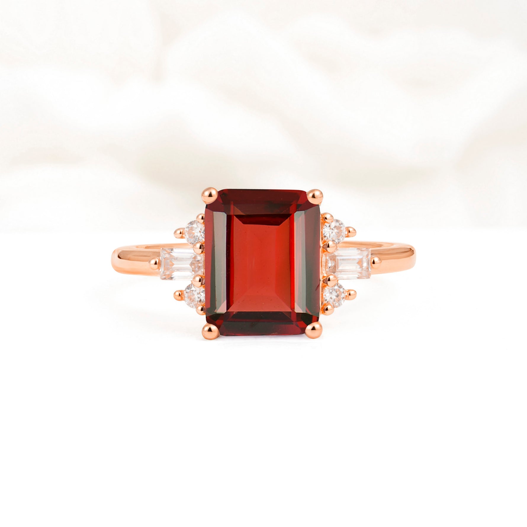Classic Emerald Cut Baguette Side Cluster Garnet Engagement Ring - Additional view