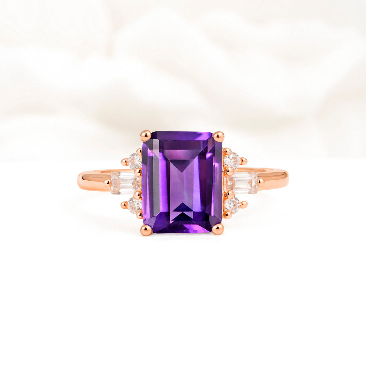 Classic Emerald Cut Baguette Side Cluster Amethyst Engagement Ring - Additional view