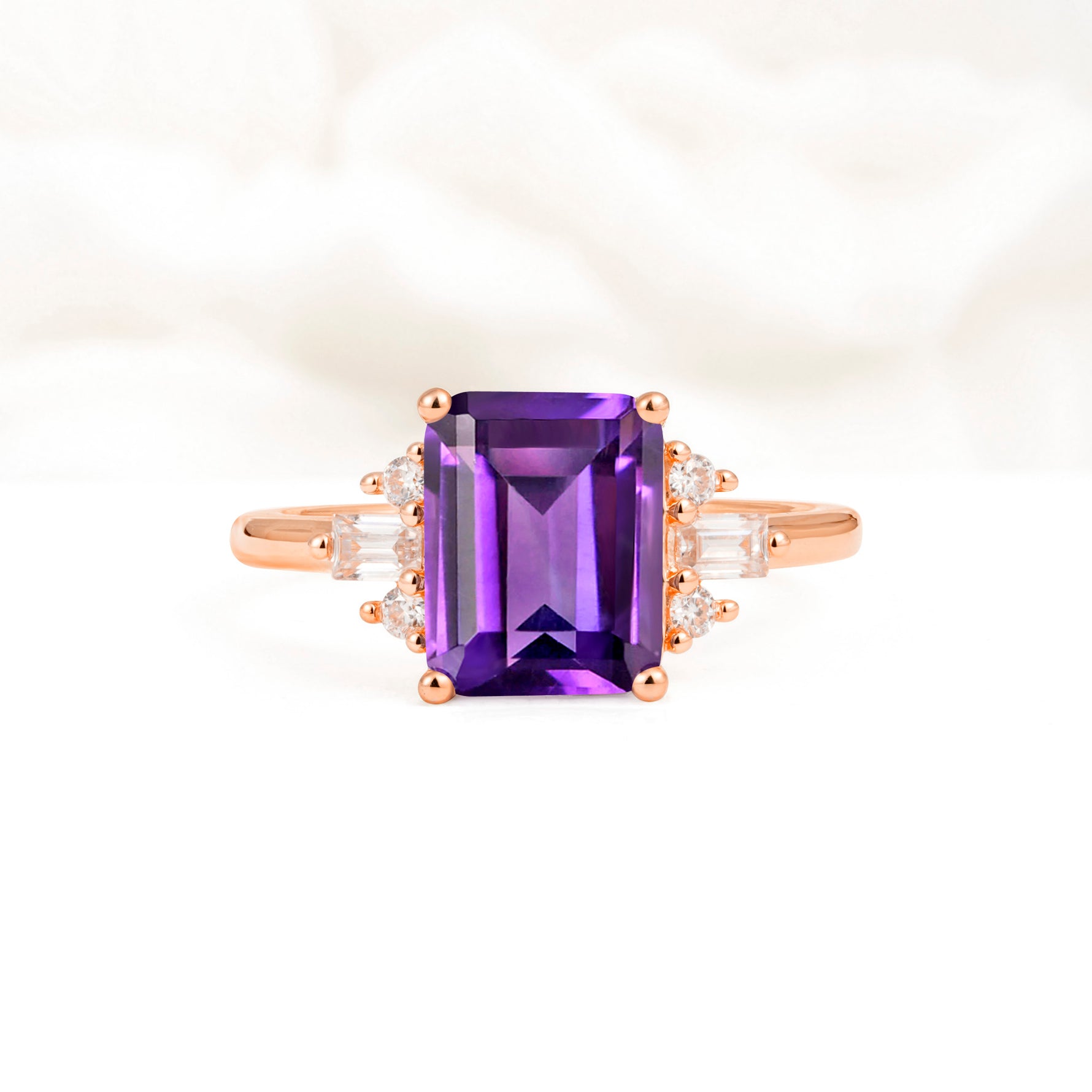 Classic Emerald Cut Baguette Side Cluster Amethyst Engagement Ring - Additional view