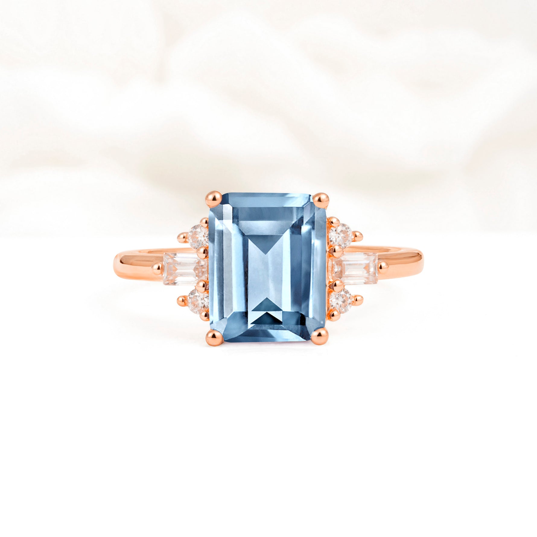 Classic Emerald Cut Baguette Side Cluster Aquamarine Engagement Ring - Additional view