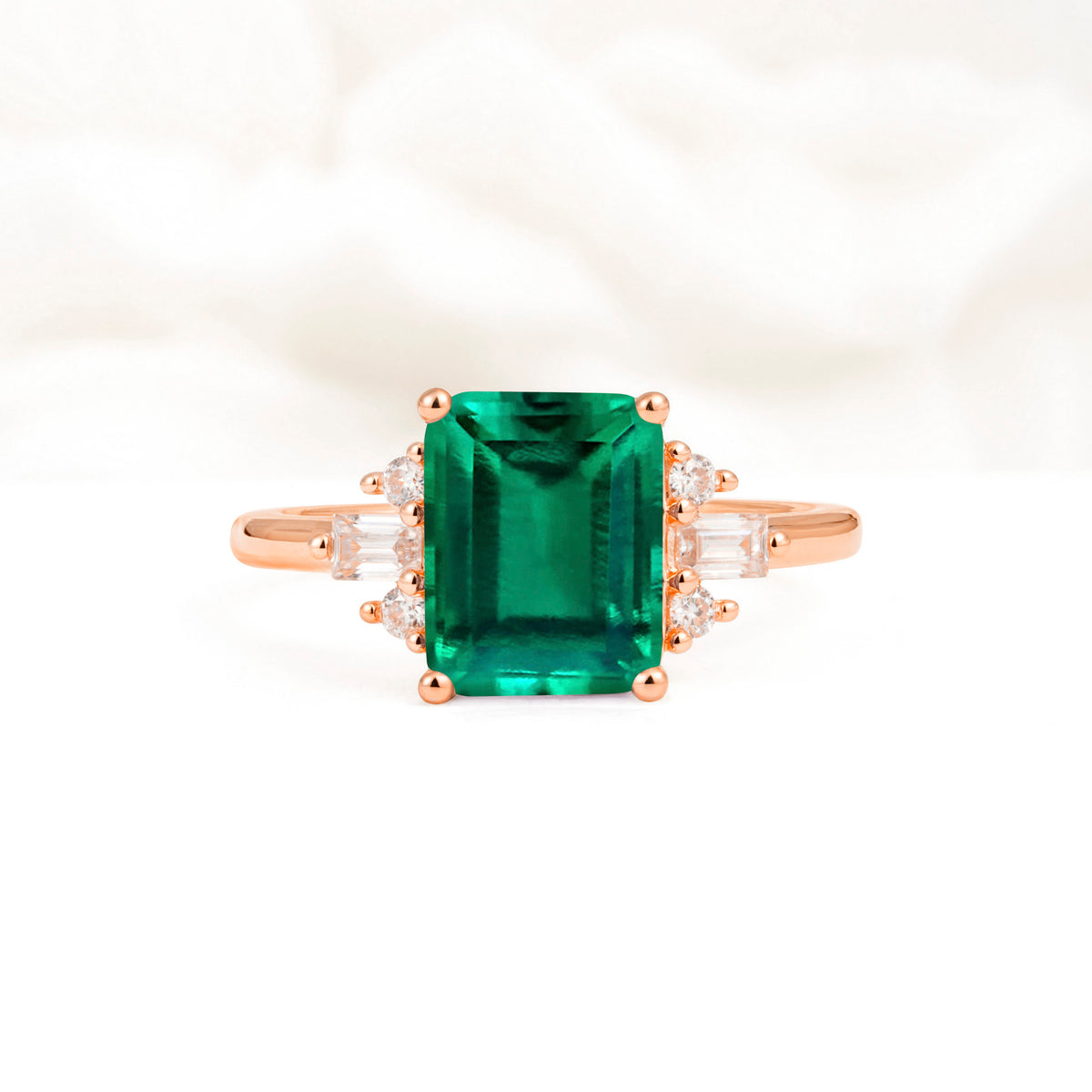 Classic Emerald Cut Baguette Side Cluster Emerald Engagement Ring - Additional view