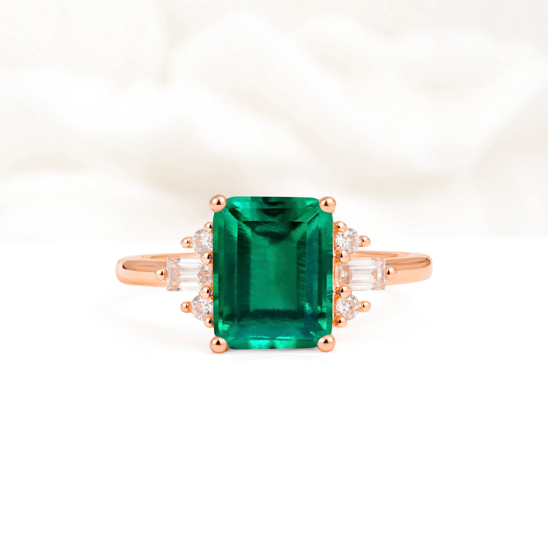 Classic Emerald Cut Baguette Side Cluster Emerald Engagement Ring - Additional view