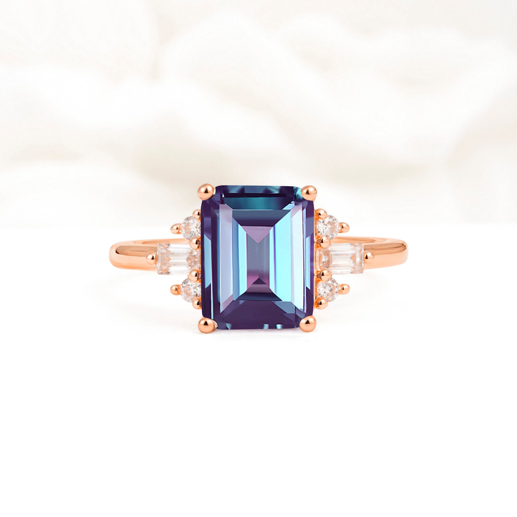 Classic Emerald Cut Baguette Side Cluster Alexandrite Engagement Ring - Additional view