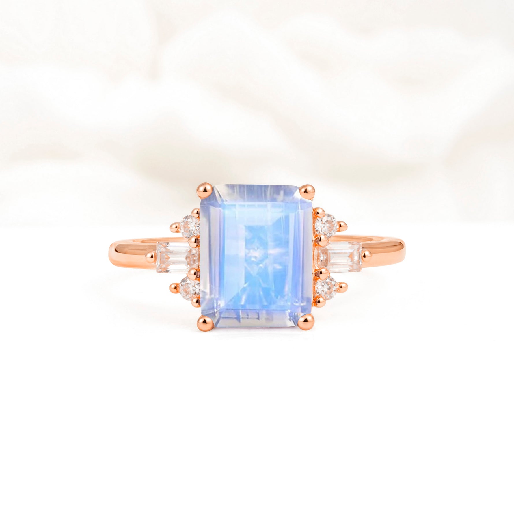 Classic Emerald Cut Baguette Side Cluster Moonstone Engagement Ring - Additional view