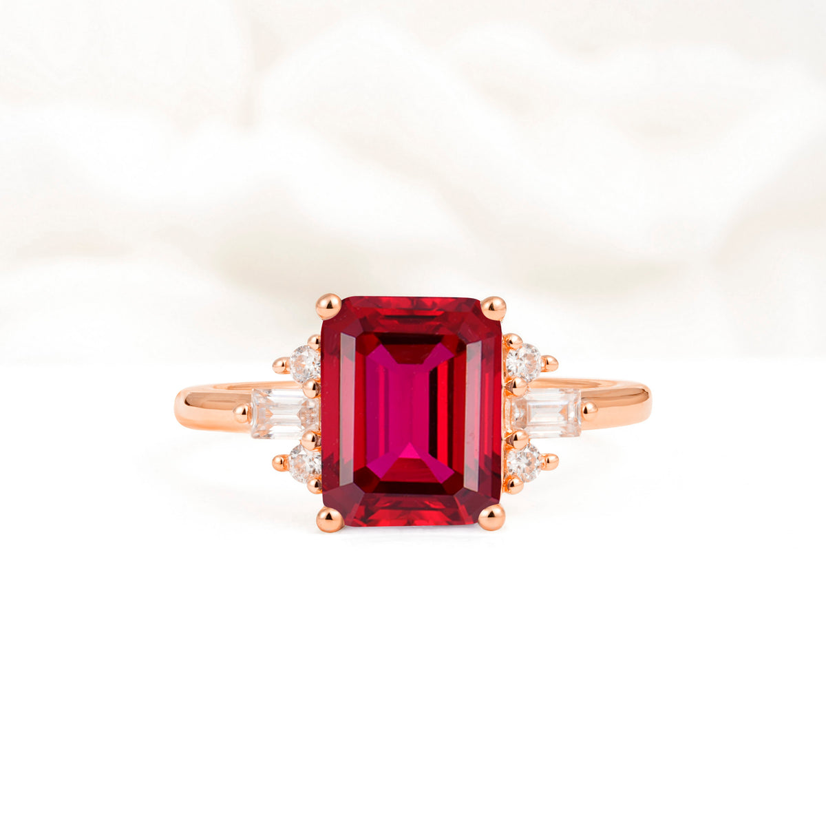 Classic Emerald Cut Baguette Side Cluster Ruby Engagement Ring - Additional view