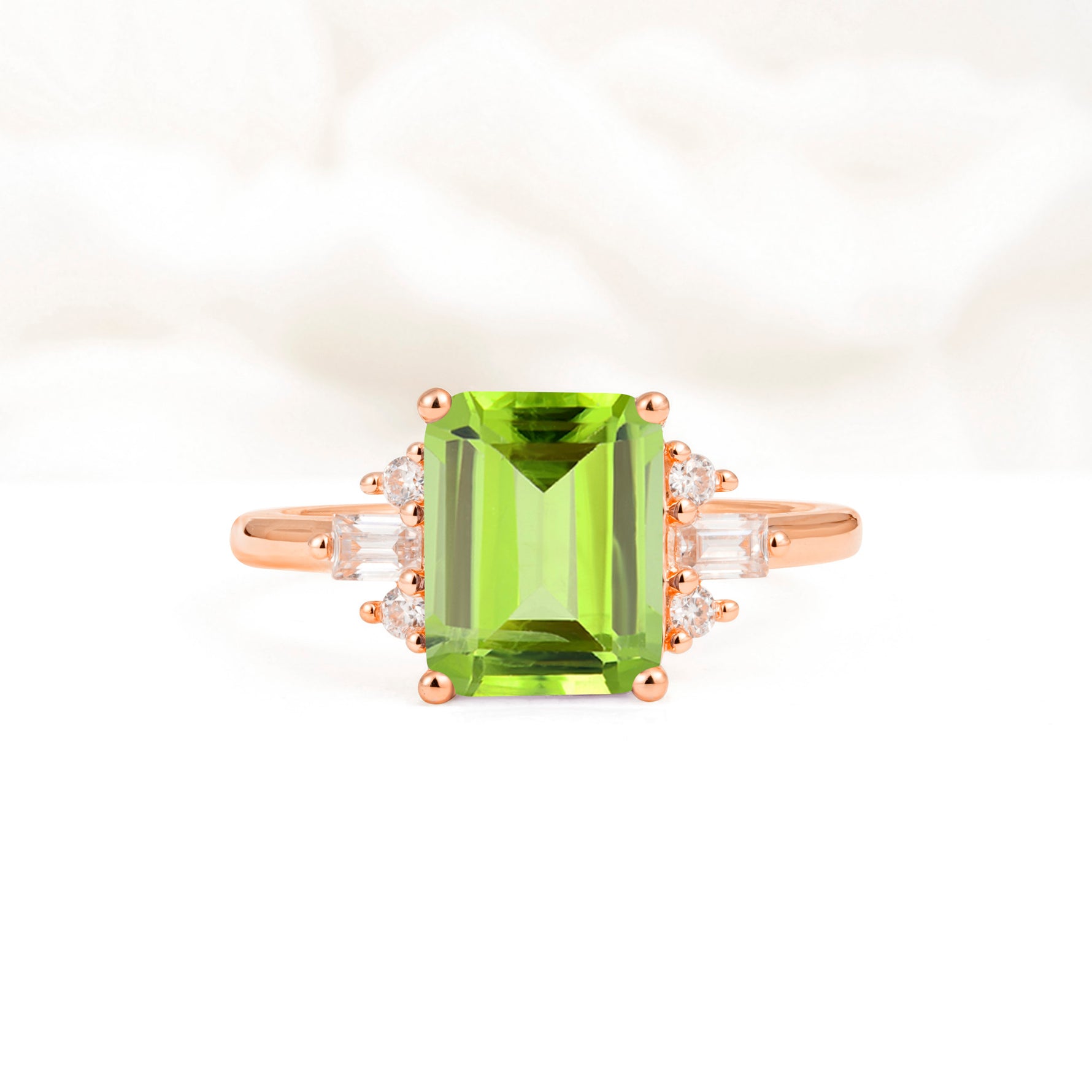 Classic Emerald Cut Baguette Side Cluster Peridot Engagement Ring - Additional view
