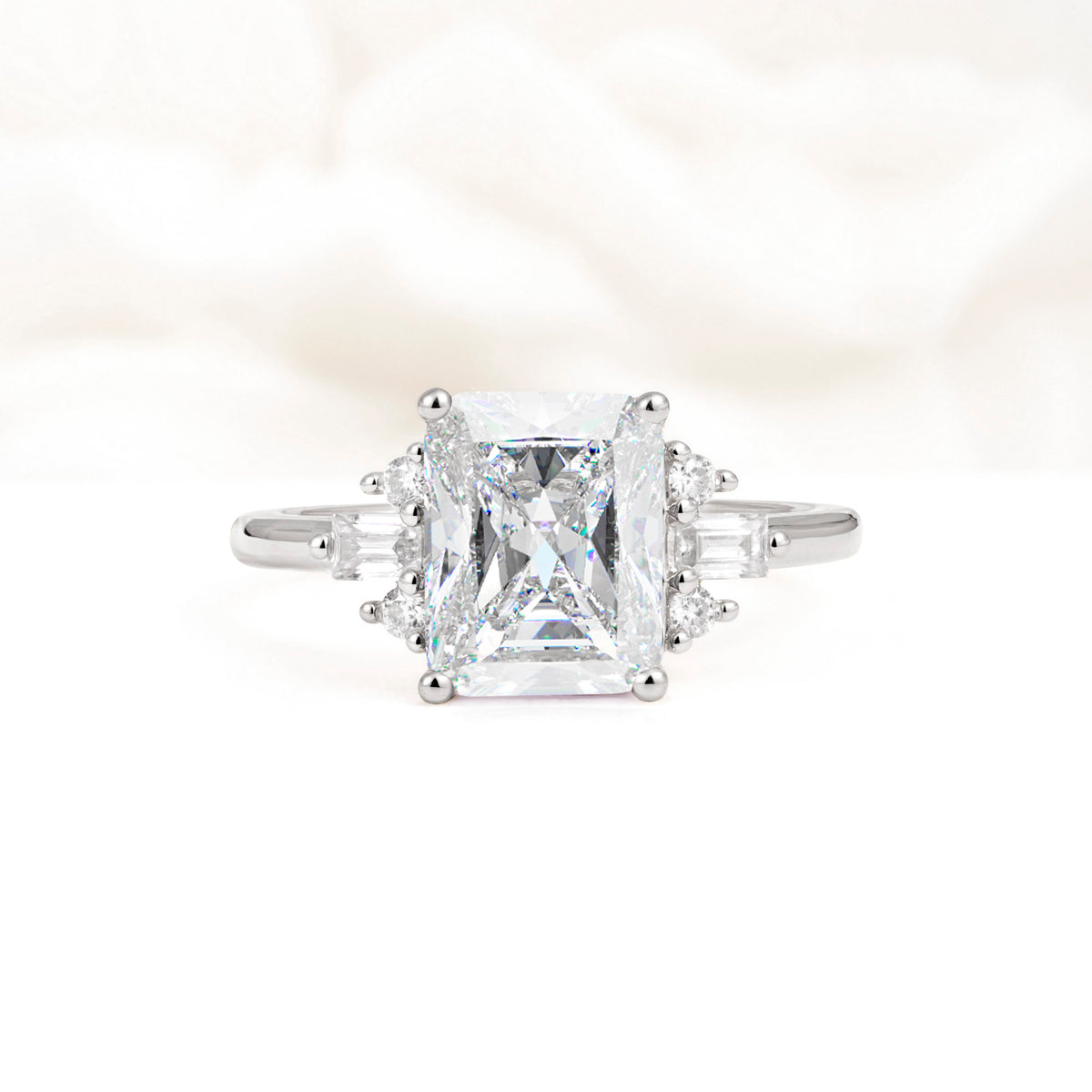 Classic Emerald Cut Baguette Side Cluster Moissanite Engagement Ring - Additional view