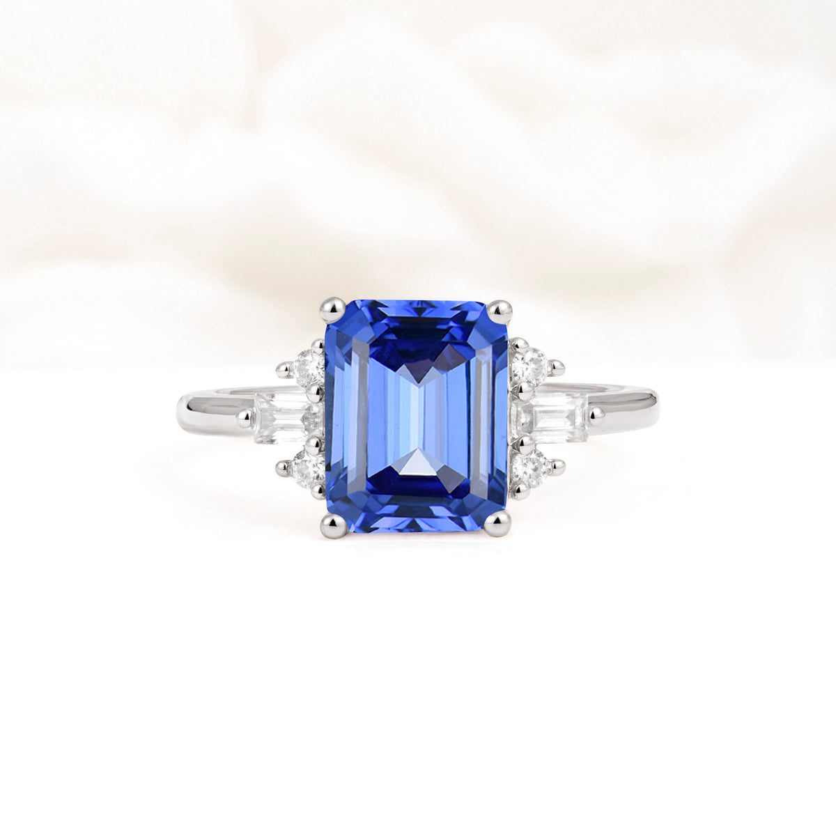 Classic Emerald Cut Baguette Side Cluster Sapphire Engagement Ring - Additional view