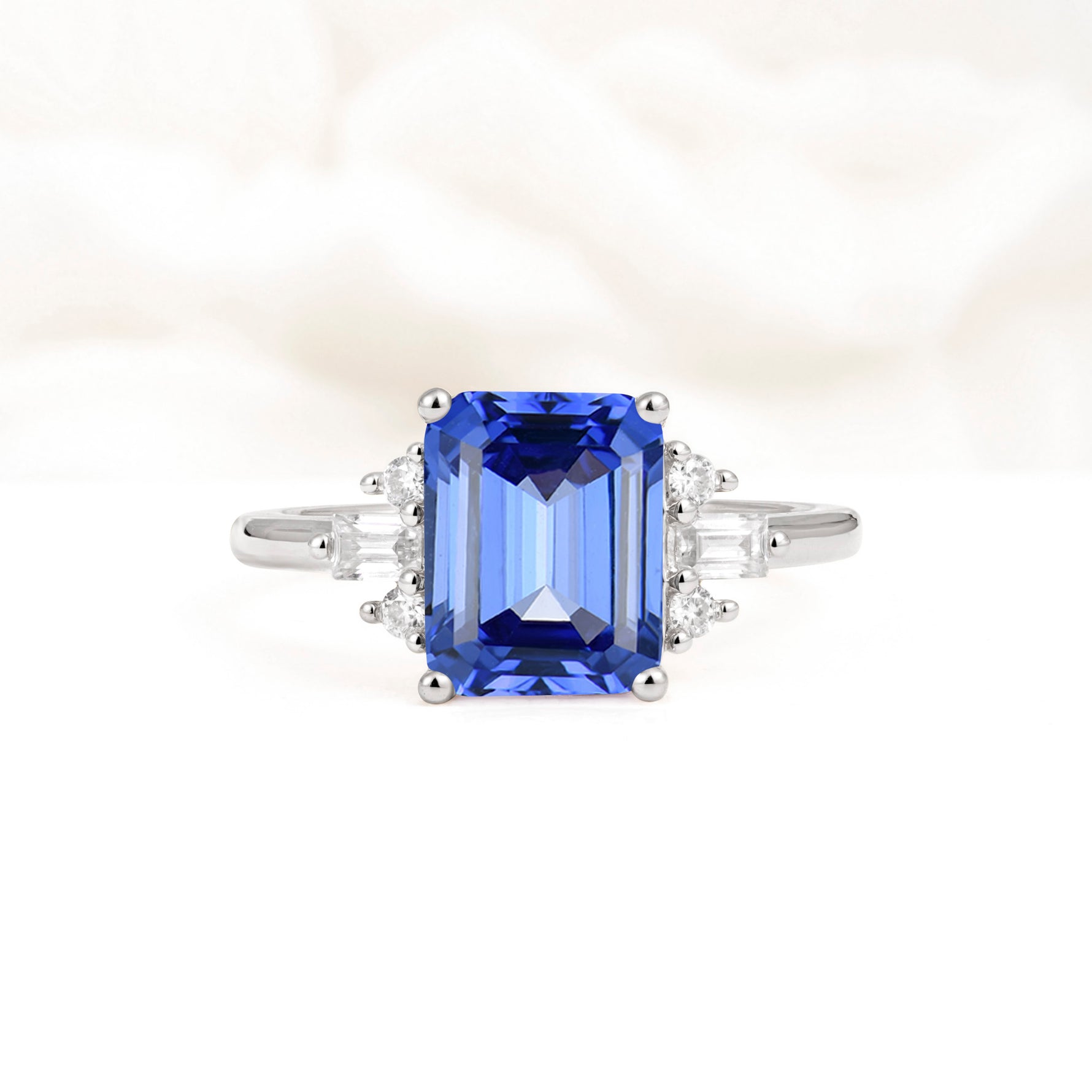 Classic Emerald Cut Baguette Side Cluster Sapphire Engagement Ring - Additional view
