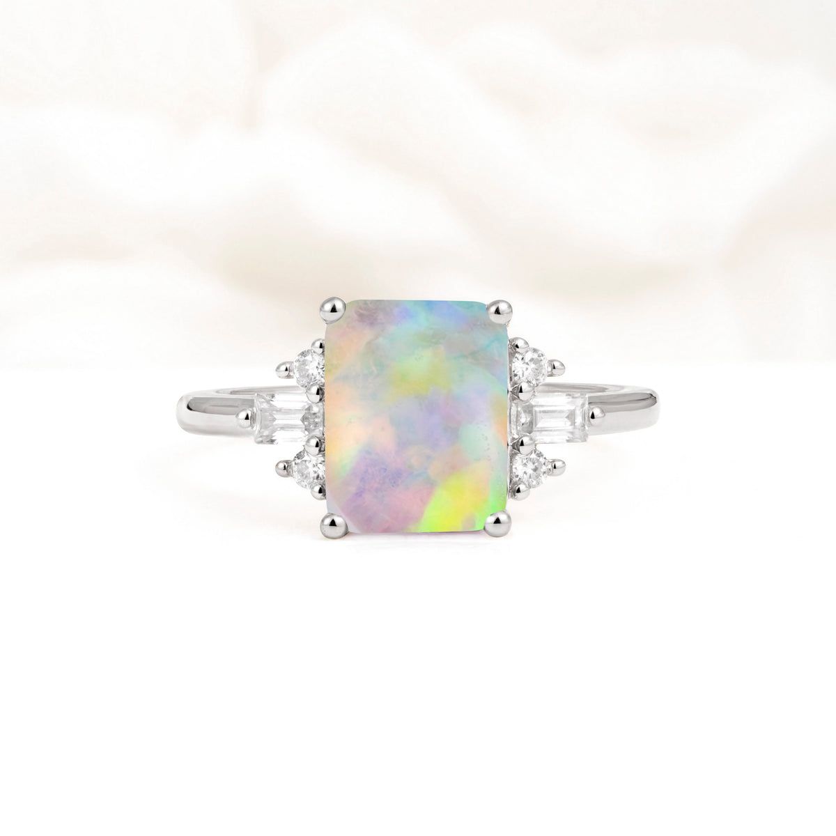 Classic Emerald Cut Baguette Side Cluster Fire Opal Engagement Ring - Additional view