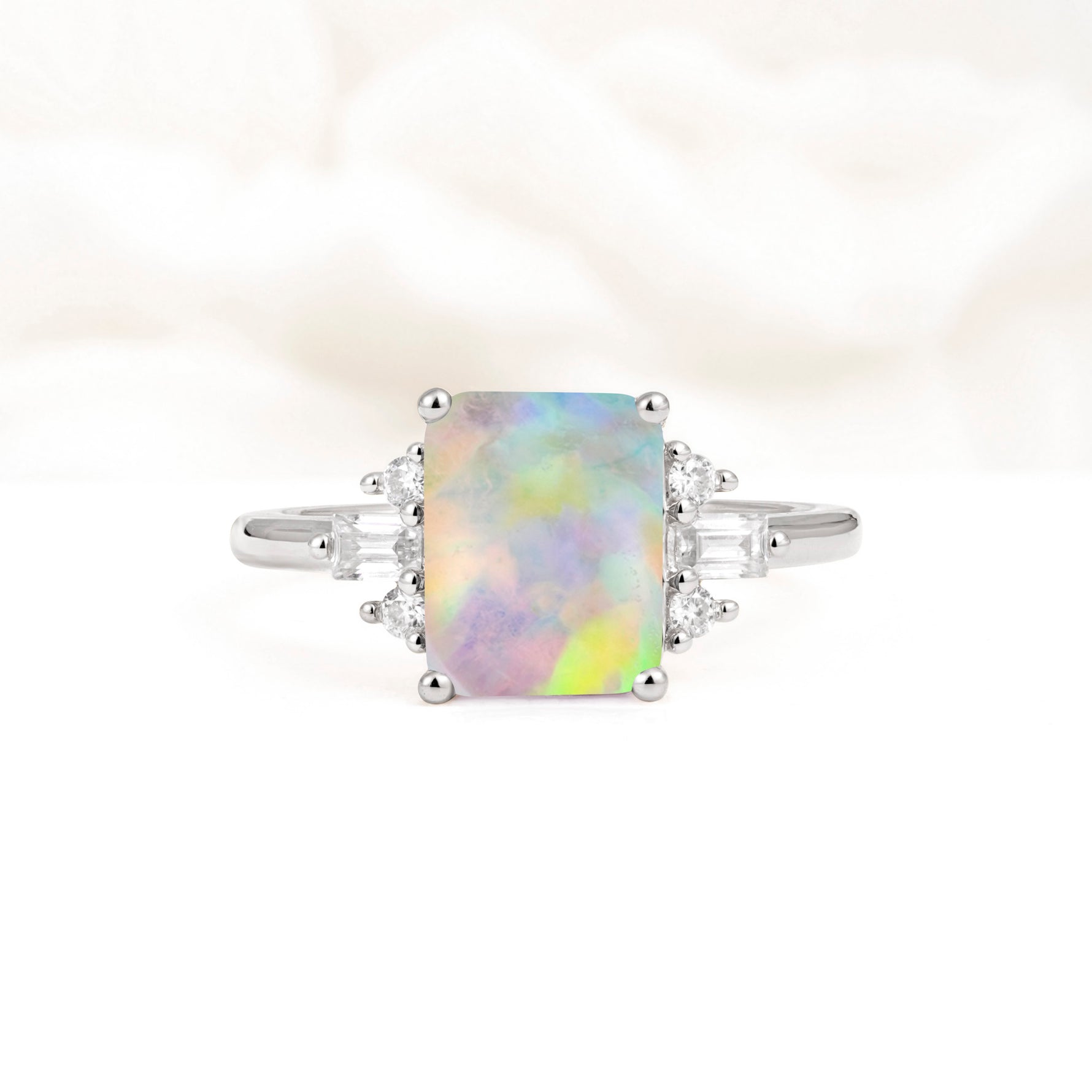 Classic Emerald Cut Baguette Side Cluster Fire Opal Engagement Ring - Additional view