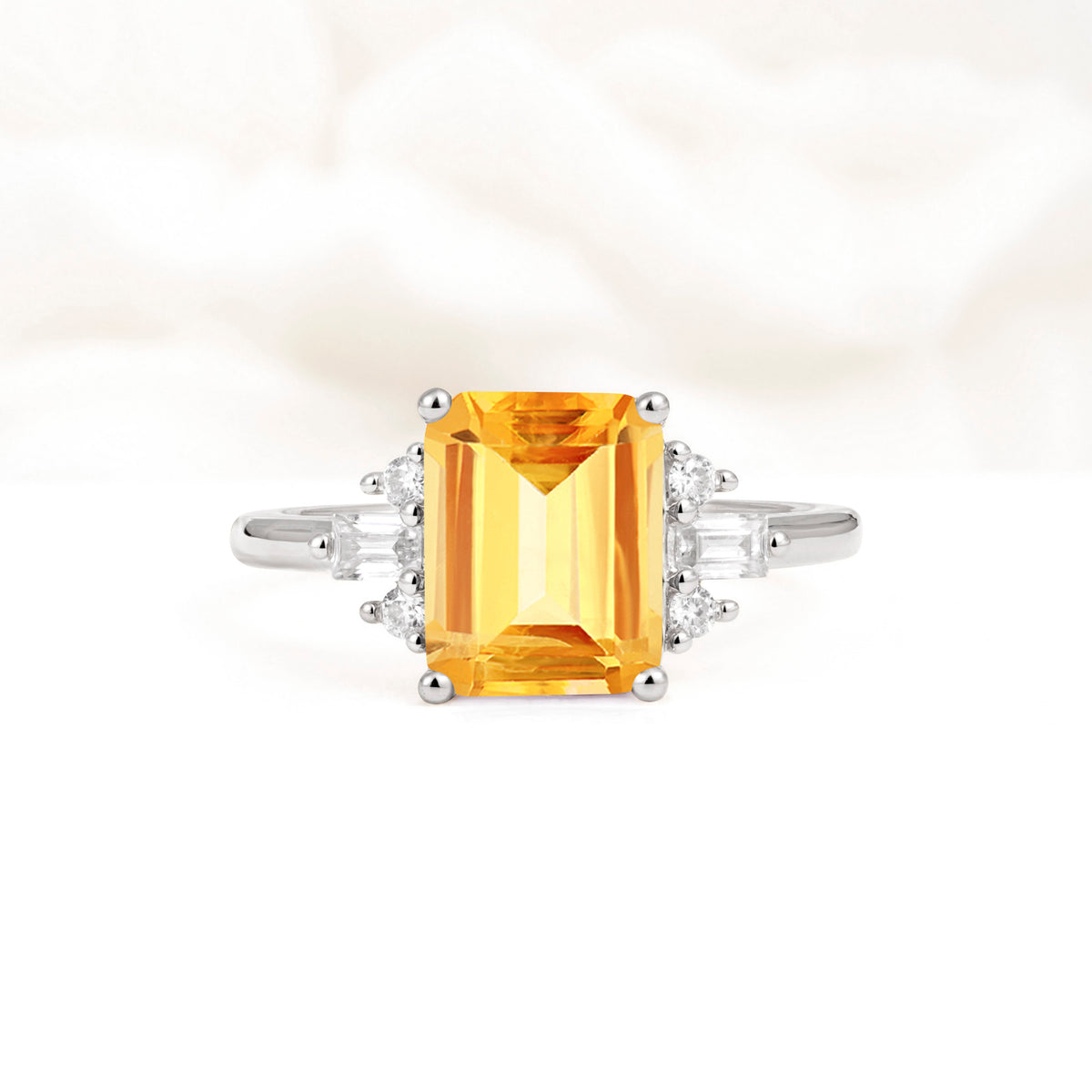 Classic Emerald Cut Baguette Side Cluster Citrine Engagement Ring - Additional view