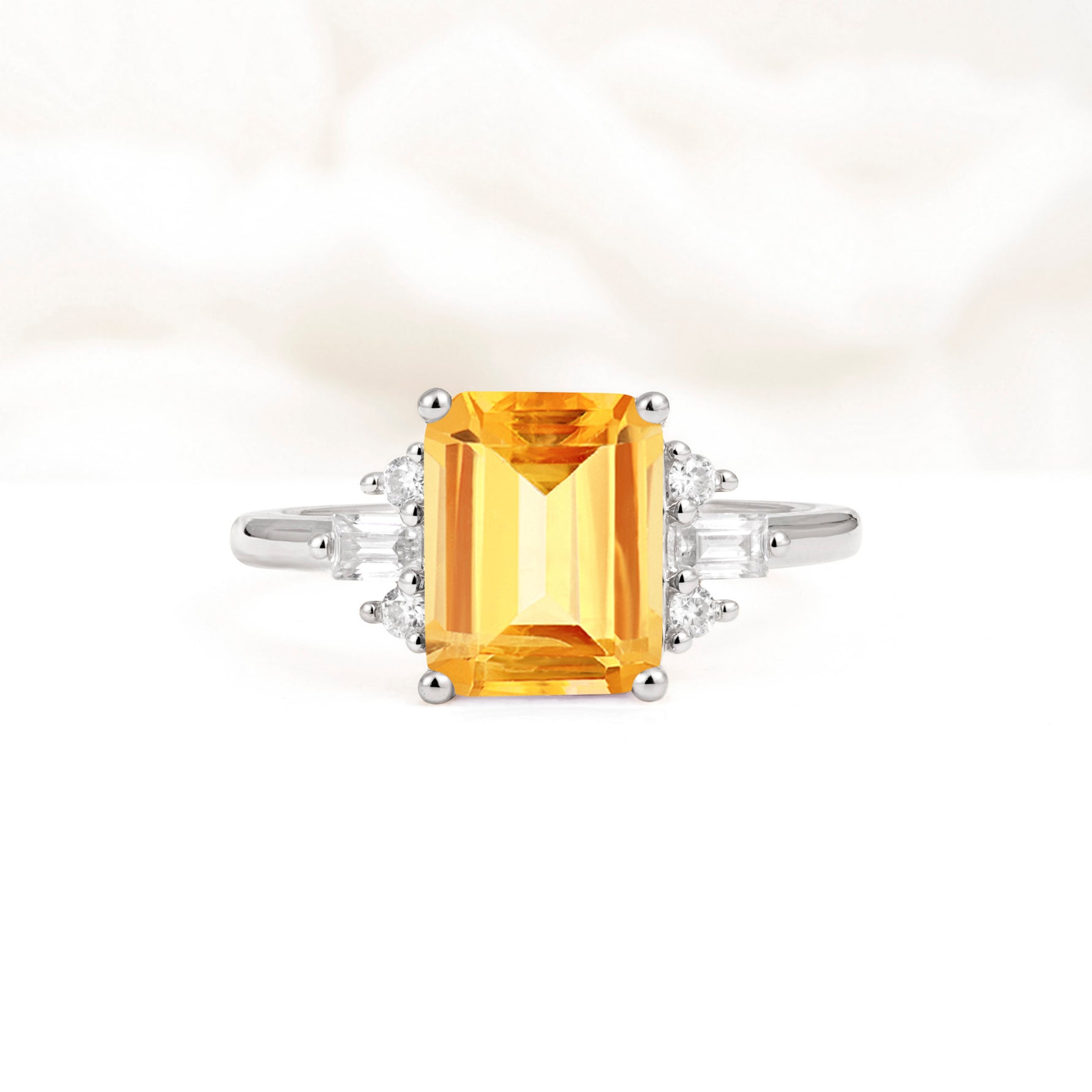 Classic Emerald Cut Baguette Side Cluster Citrine Engagement Ring - Additional view
