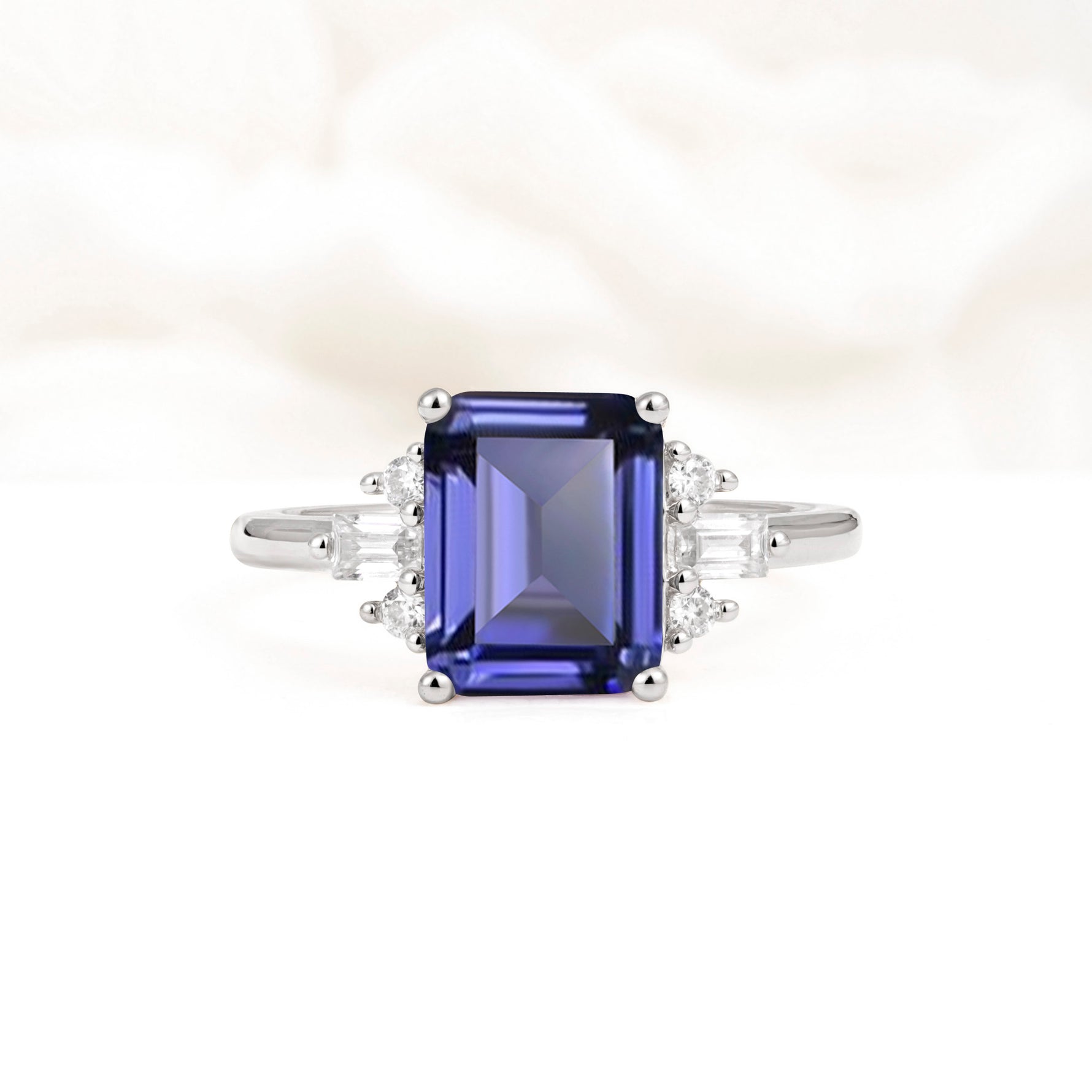 Classic Emerald Cut Baguette Side Cluster Tanzanite Engagement Ring - Additional view