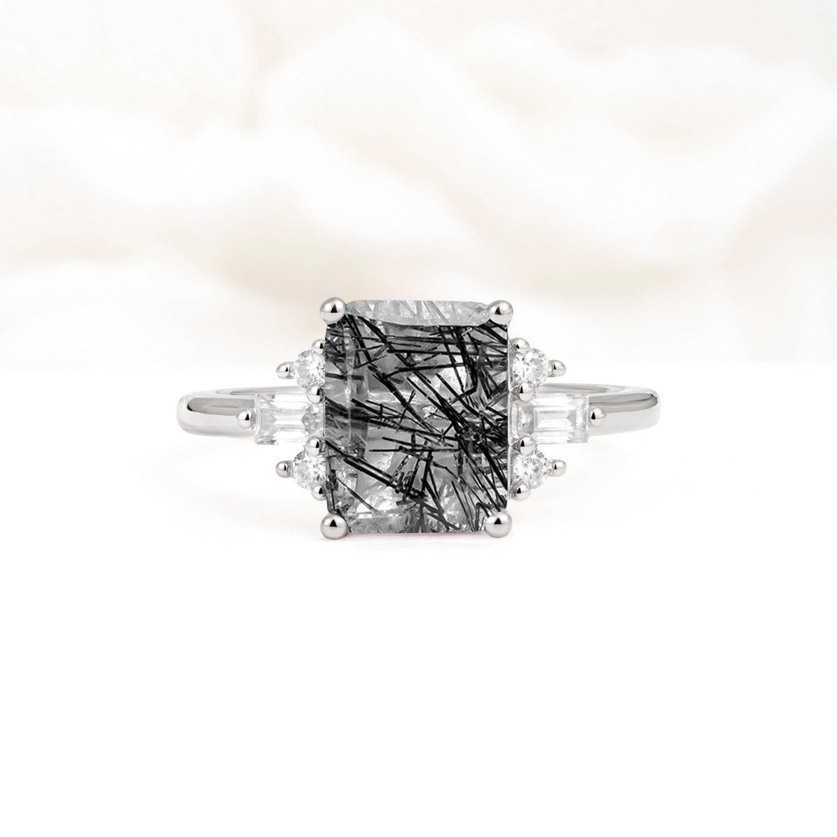 Classic Emerald Cut Baguette Side Cluster Black Rutilated Quartz Engagement Ring - Additional view