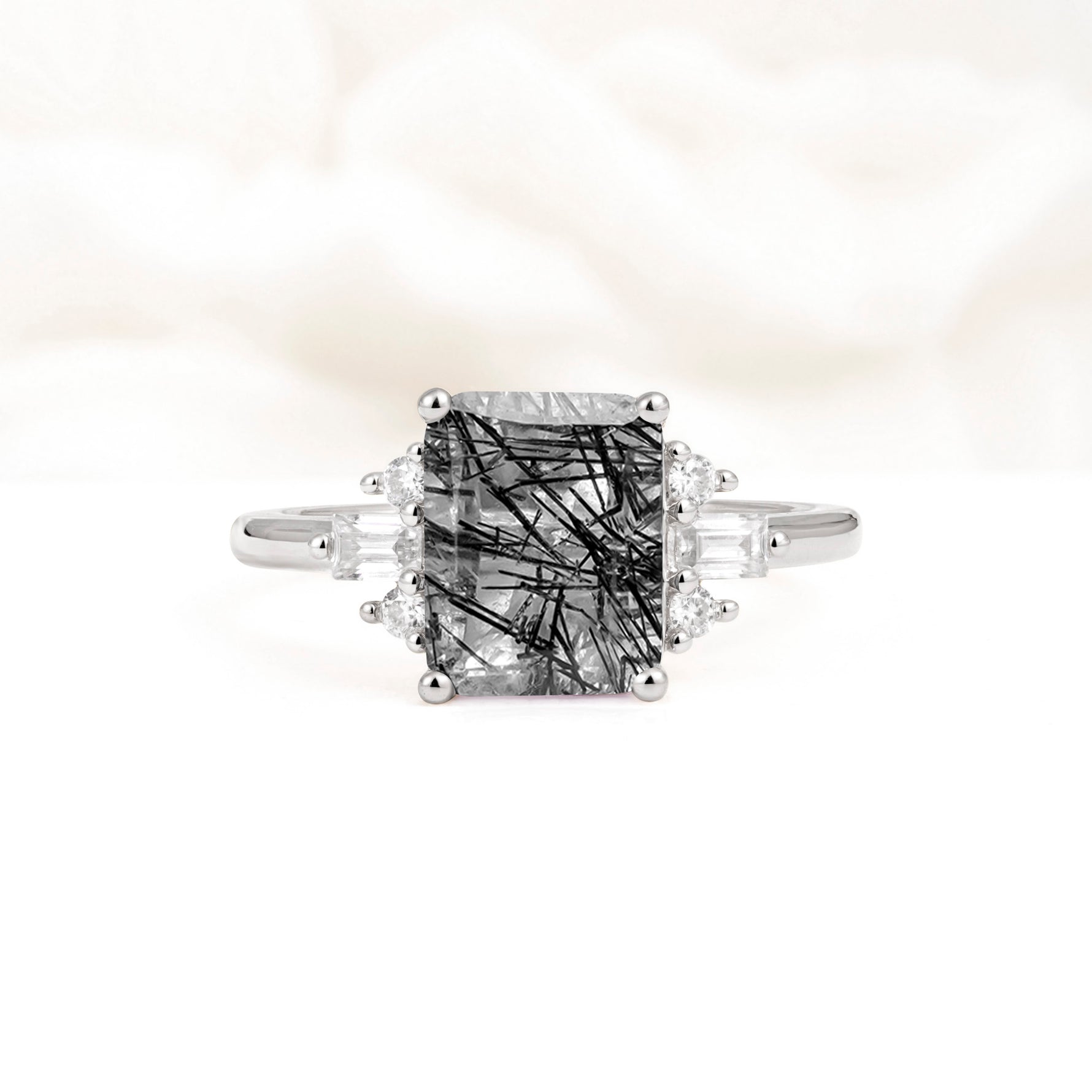 Classic Emerald Cut Baguette Side Cluster Black Rutilated Quartz Engagement Ring - Additional view
