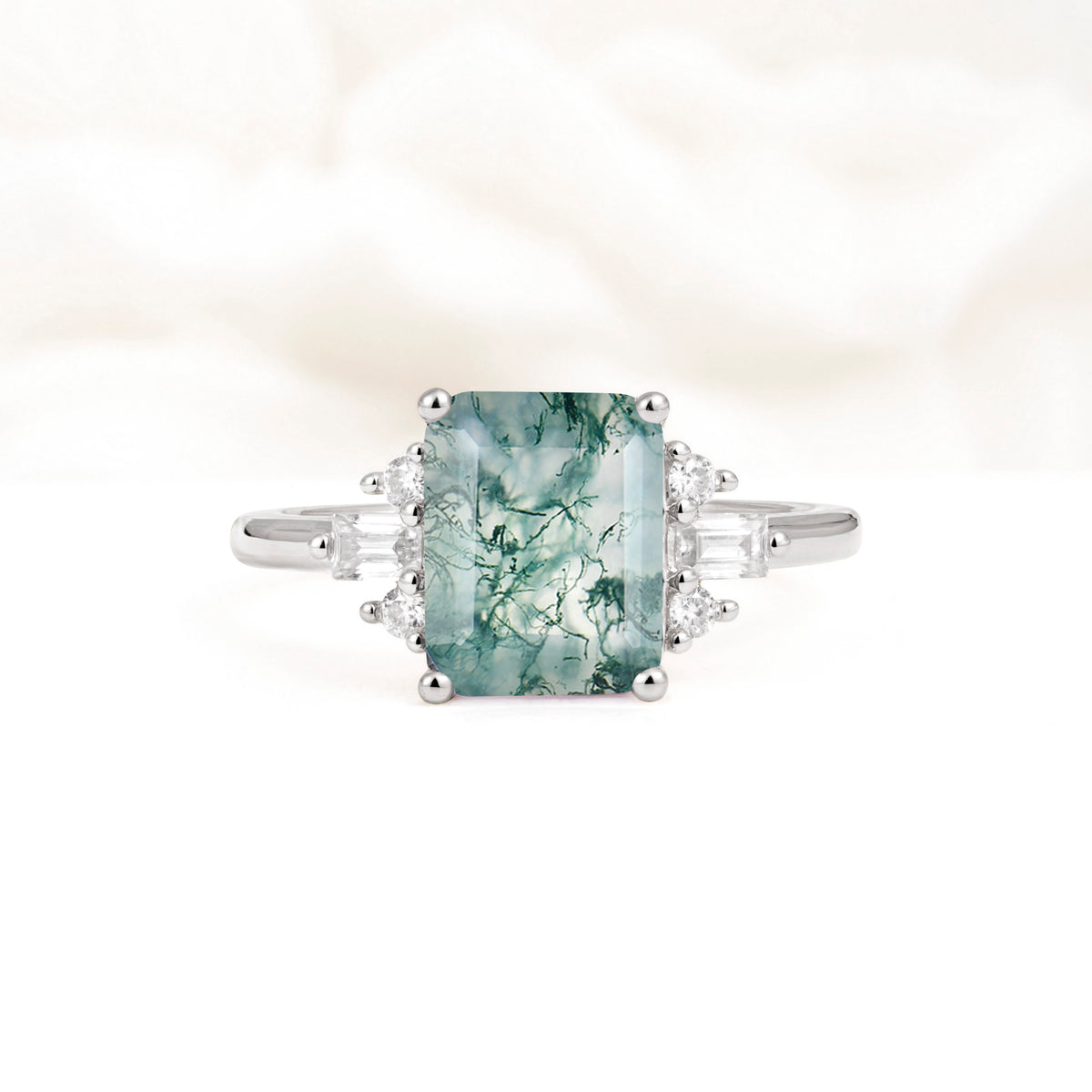 Classic Emerald Cut Baguette Side Cluster Moss Agate Engagement Ring - Additional view