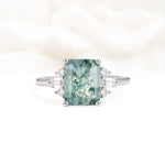 Classic Emerald Cut Baguette Side Cluster Moss Agate Engagement Ring - Additional view
