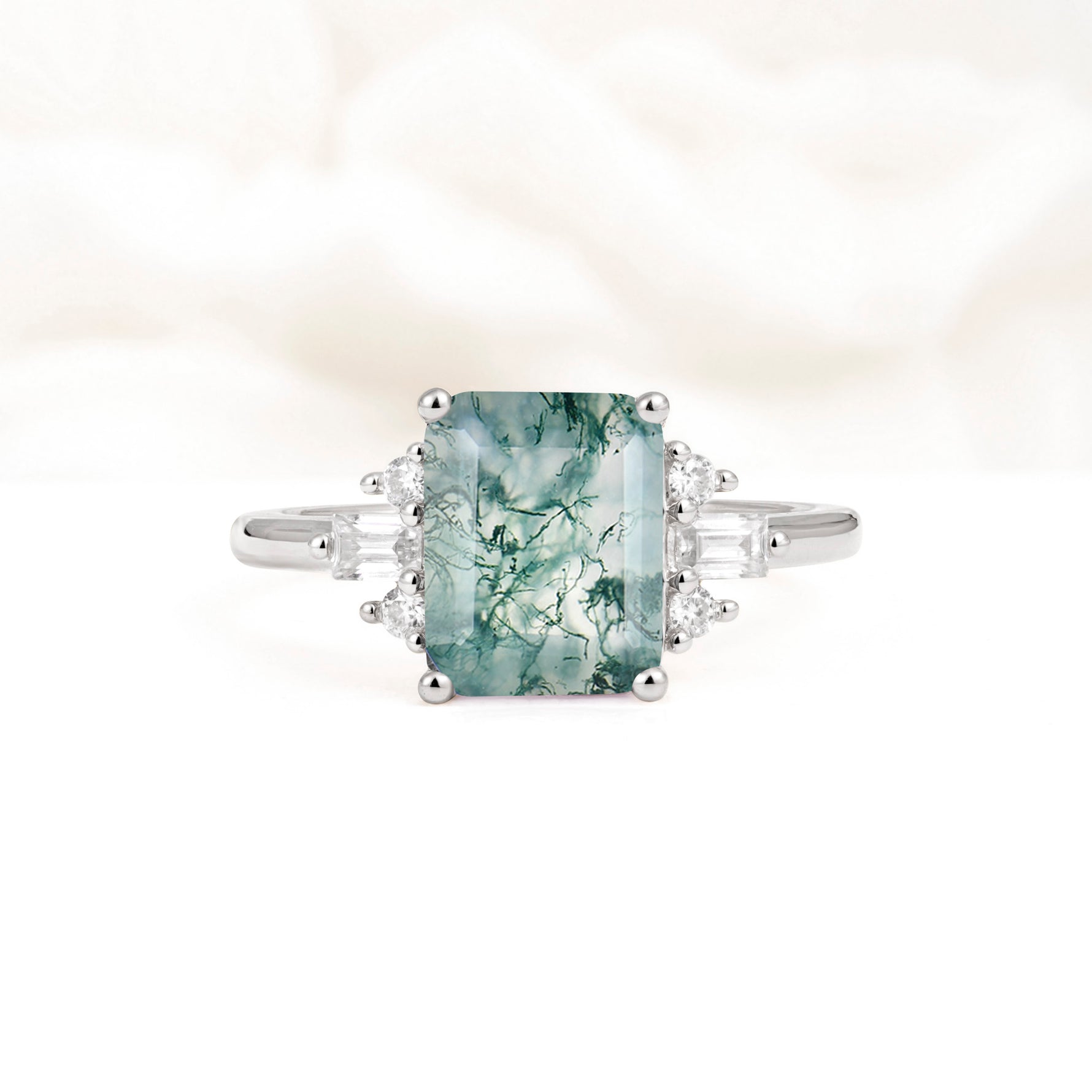 Classic Emerald Cut Baguette Side Cluster Moss Agate Engagement Ring - Additional view