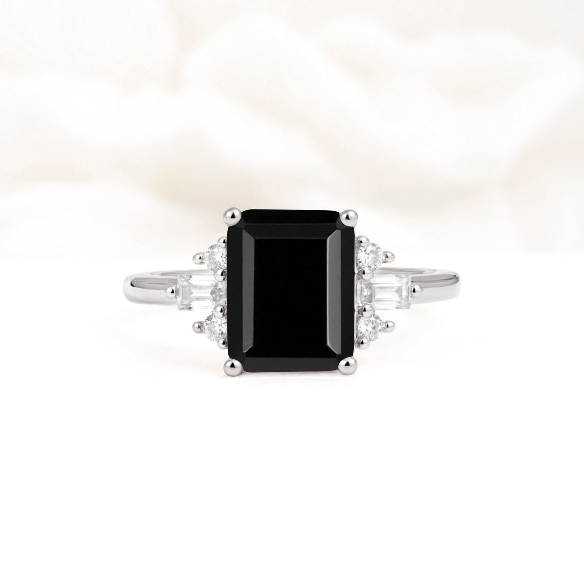 Classic Emerald Cut Baguette Side Cluster Black Onyx Engagement Ring - Additional view
