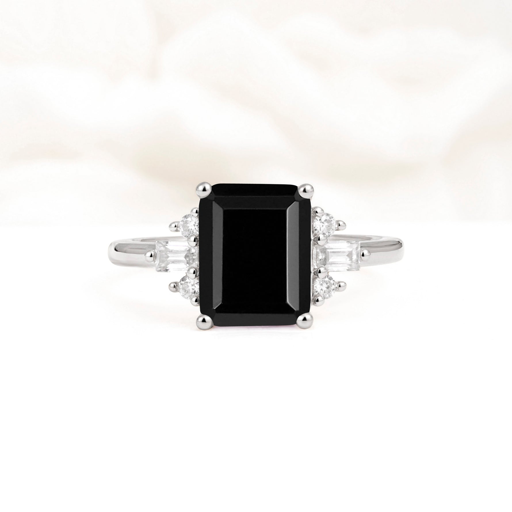 Classic Emerald Cut Baguette Side Cluster Black Onyx Engagement Ring - Additional view