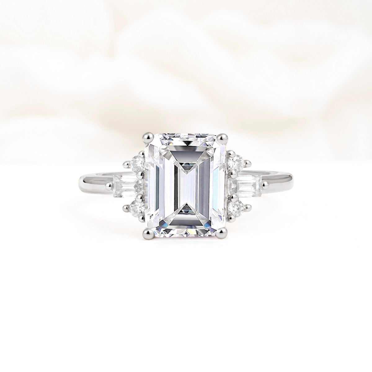 Classic Emerald Cut Baguette Side Cluster Lab Diamond Engagement Ring - Additional view