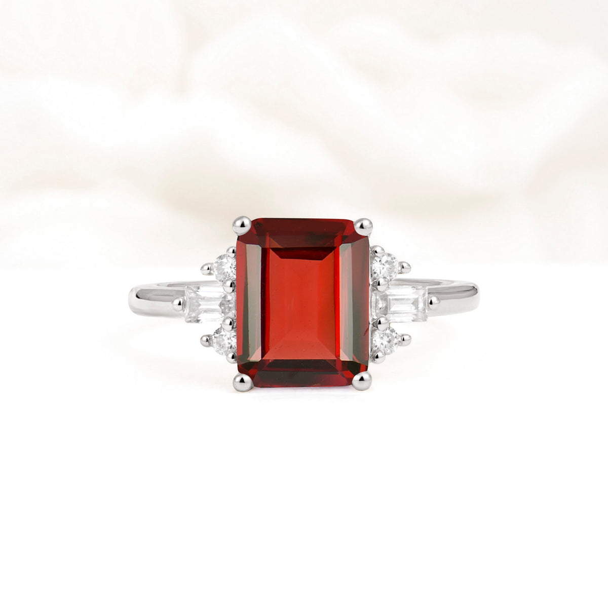 Classic Emerald Cut Baguette Side Cluster Garnet Engagement Ring - Additional view