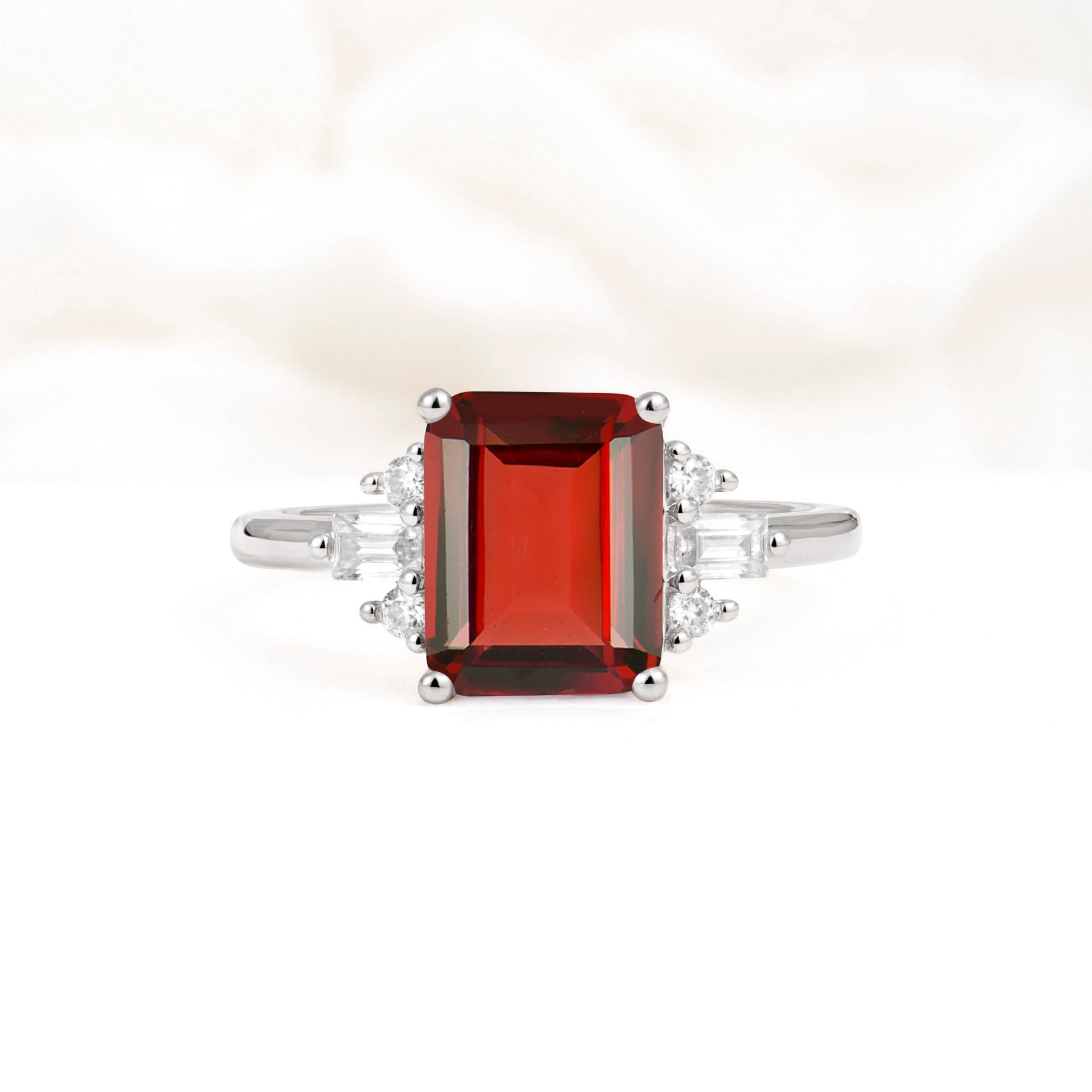Classic Emerald Cut Baguette Side Cluster Garnet Engagement Ring - Additional view