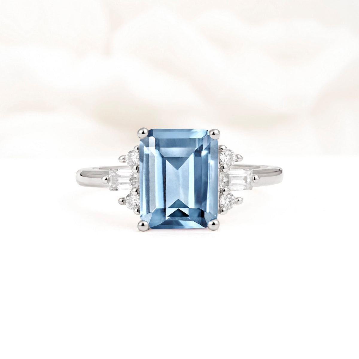 Classic Emerald Cut Baguette Side Cluster Aquamarine Engagement Ring - Additional view