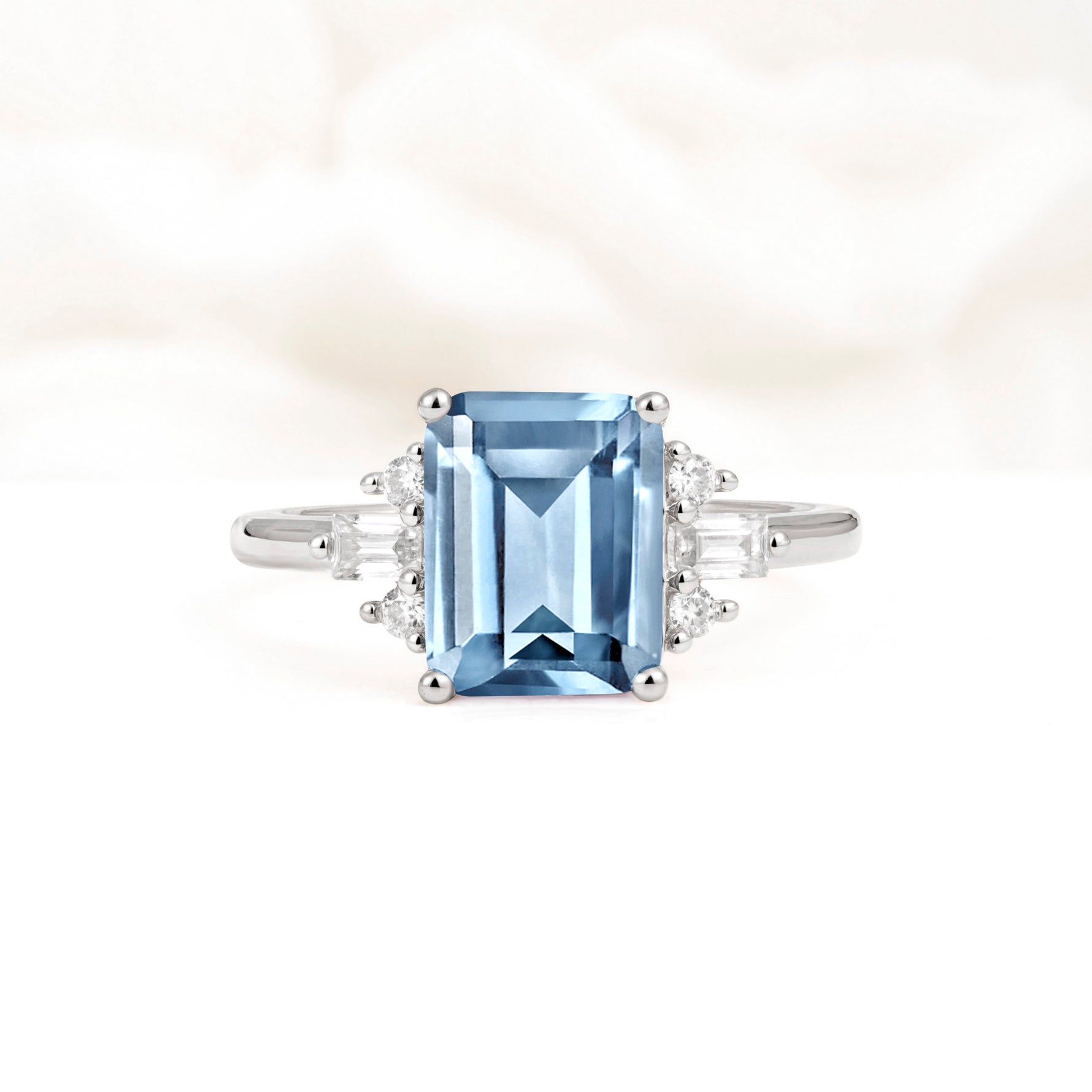 Classic Emerald Cut Baguette Side Cluster Aquamarine Engagement Ring - Additional view