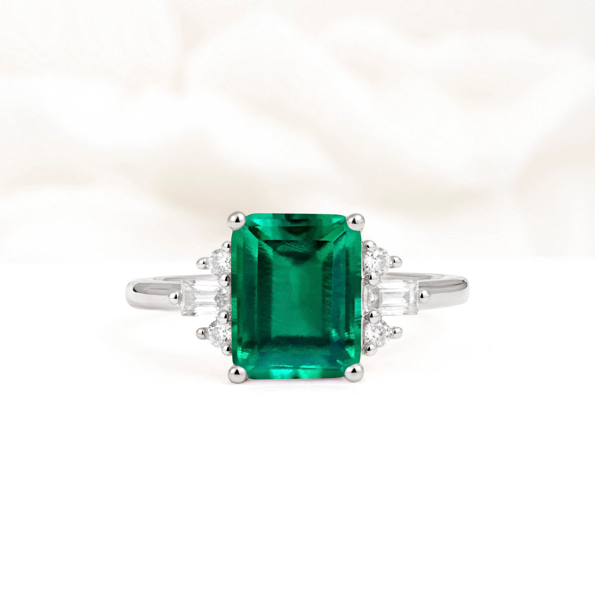 Classic Emerald Cut Baguette Side Cluster Emerald Engagement Ring - Additional view