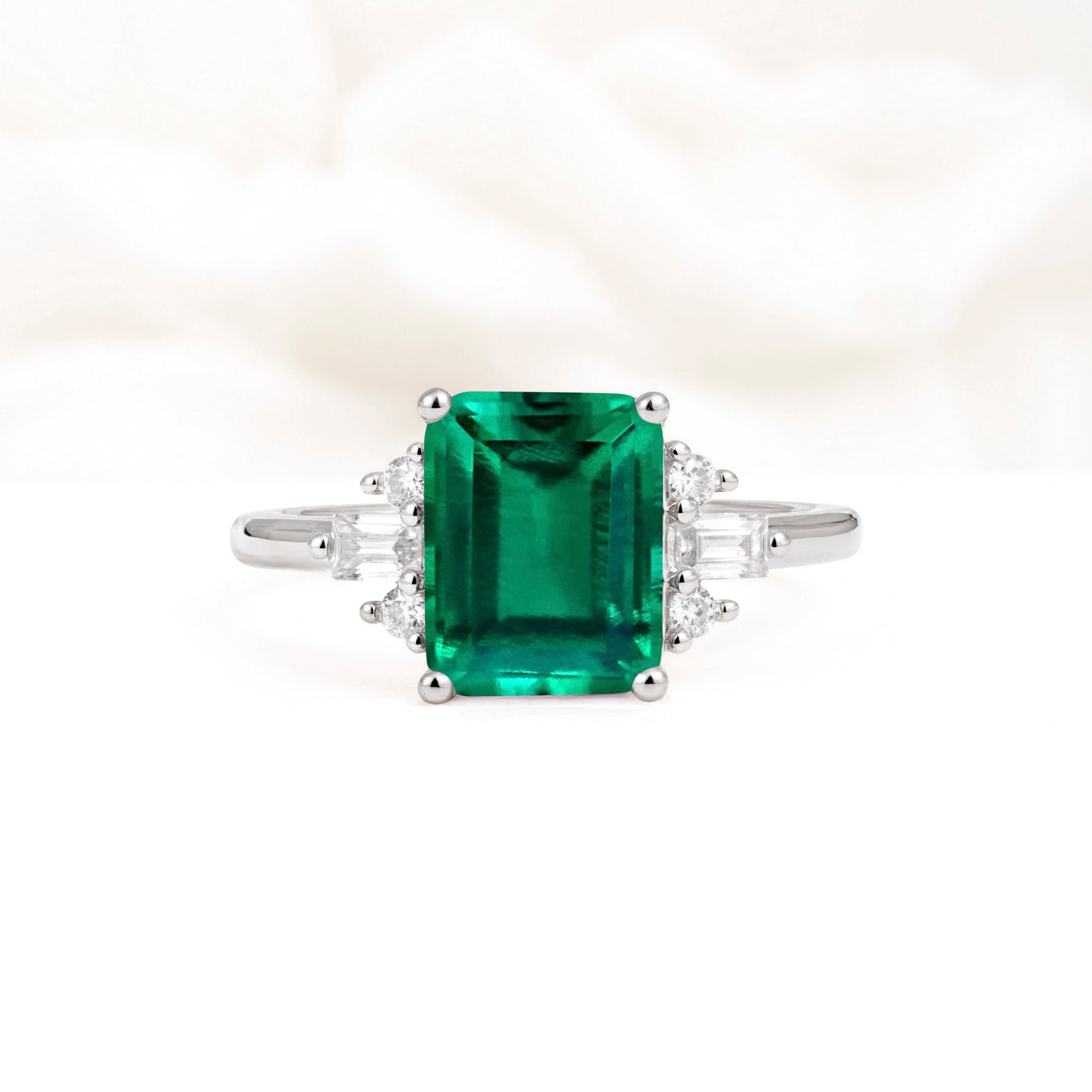 Classic Emerald Cut Baguette Side Cluster Emerald Engagement Ring - Additional view