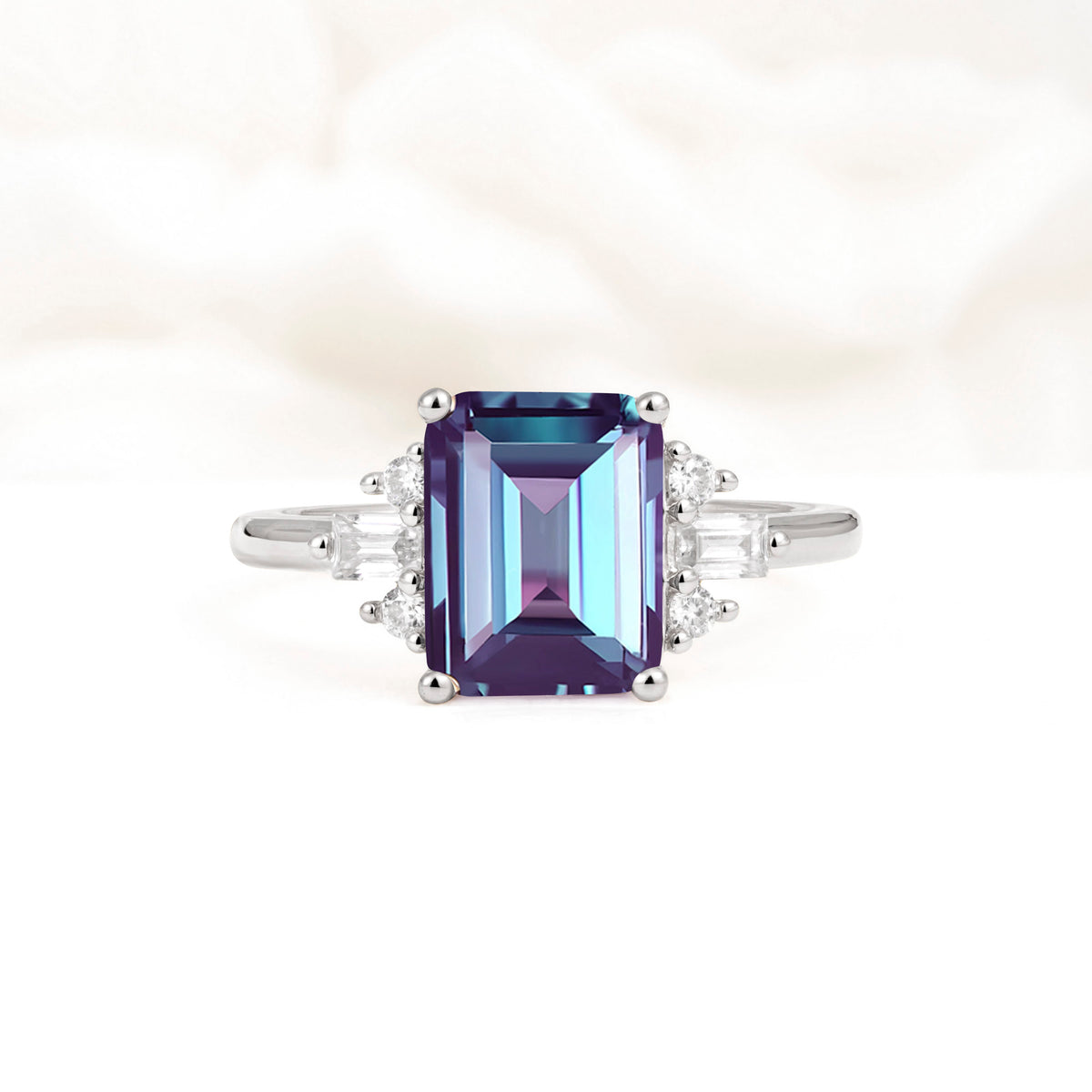 Classic Emerald Cut Baguette Side Cluster Alexandrite Engagement Ring - Additional view