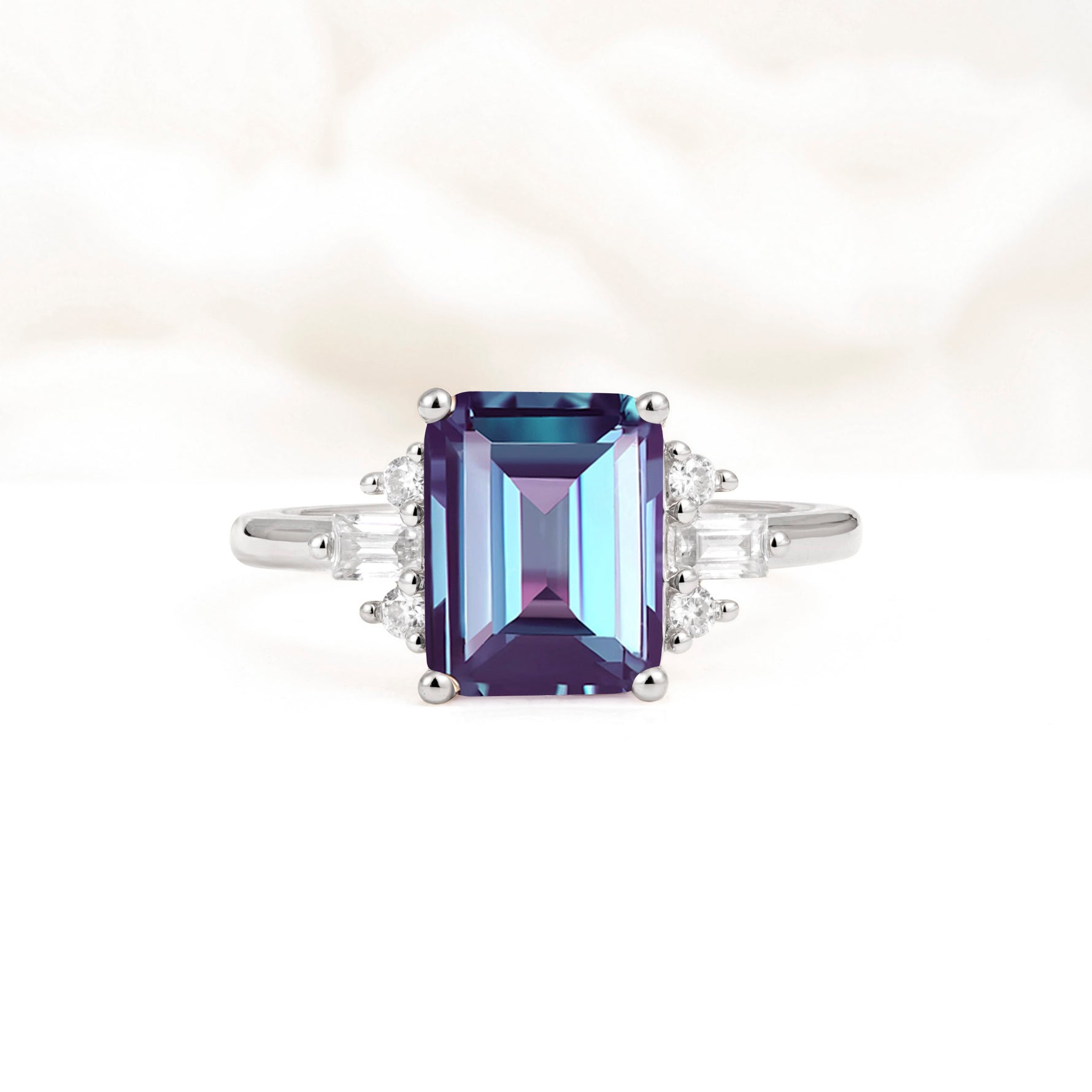 Classic Emerald Cut Baguette Side Cluster Alexandrite Engagement Ring - Additional view