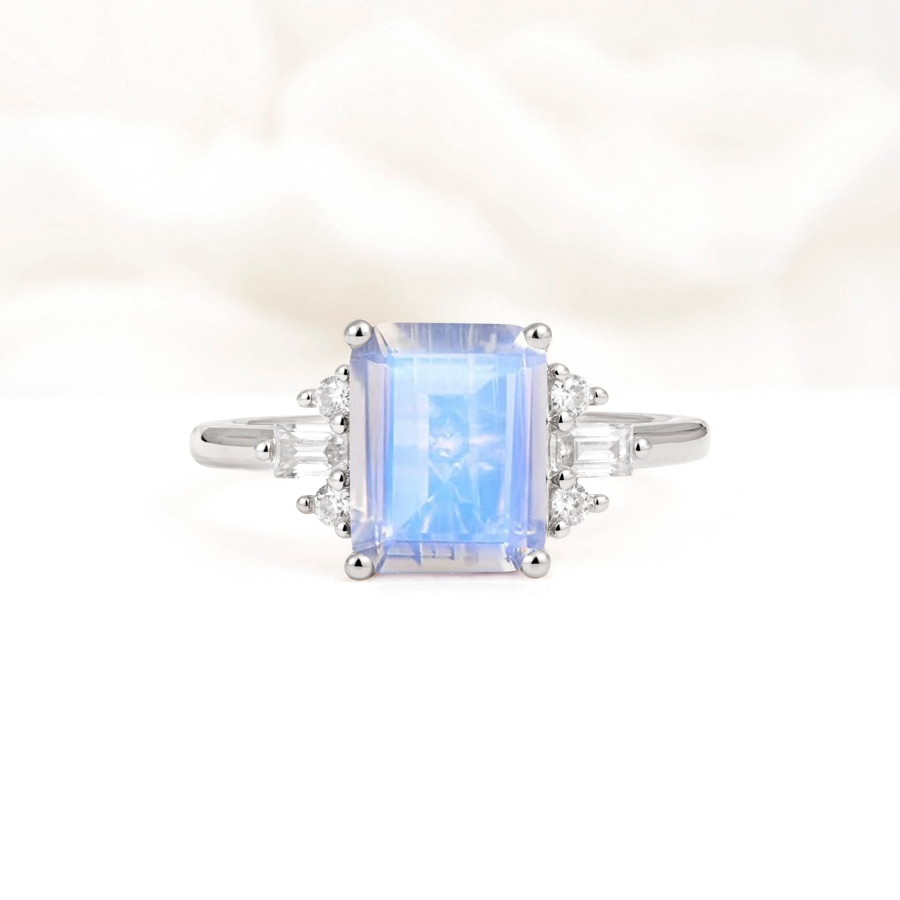 Classic Emerald Cut Baguette Side Cluster Moonstone Engagement Ring - Additional view